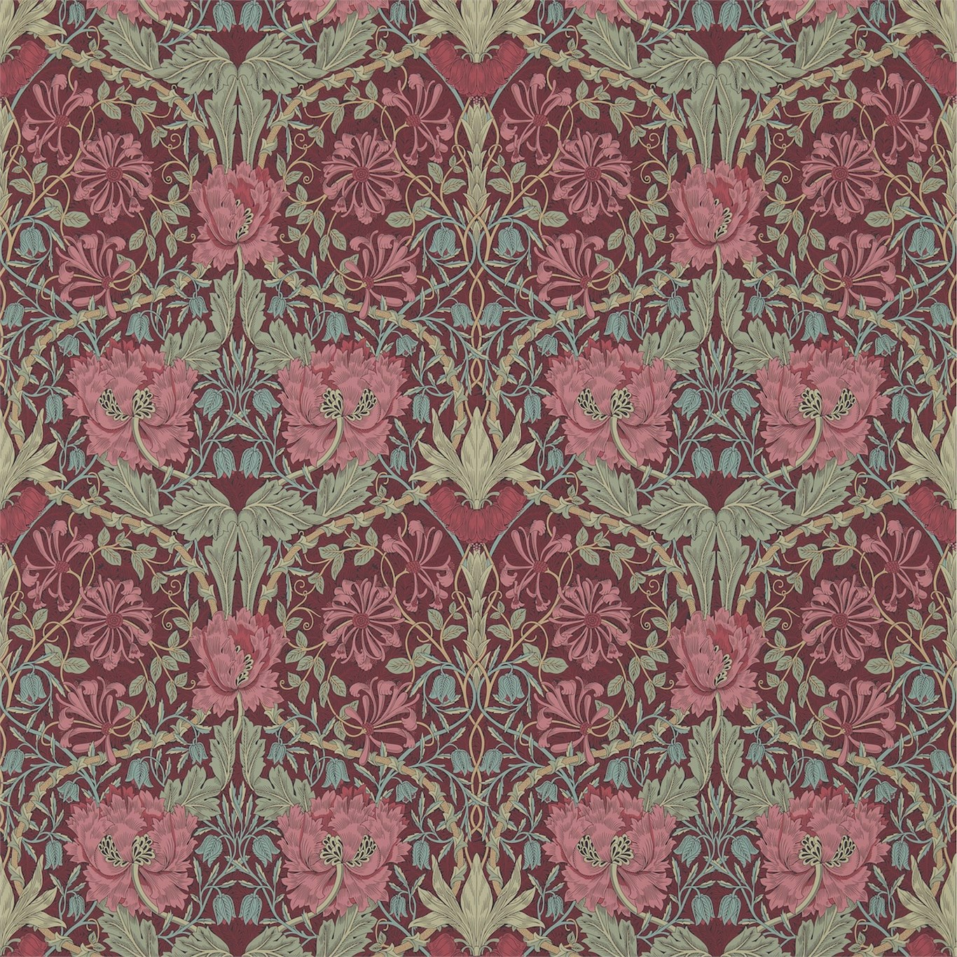 Honeysuckle & Tulip Burgundy Sage Wallpaper. Morris & Co By Sanderson Design