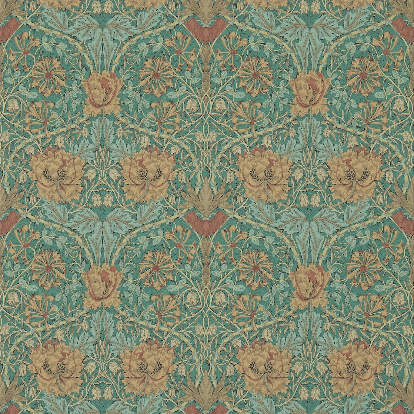 Honeysuckle & Tulip Emerald Russet Wallpaper. Morris & Co By Sanderson Design