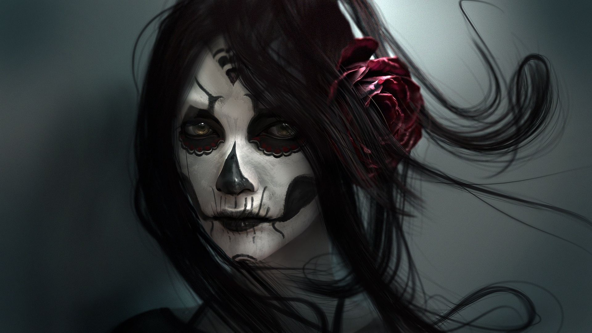 Wallpaper Gothic, Black Hair, Rose, Fantasy Girl, Creepy Make Up:1920x1080
