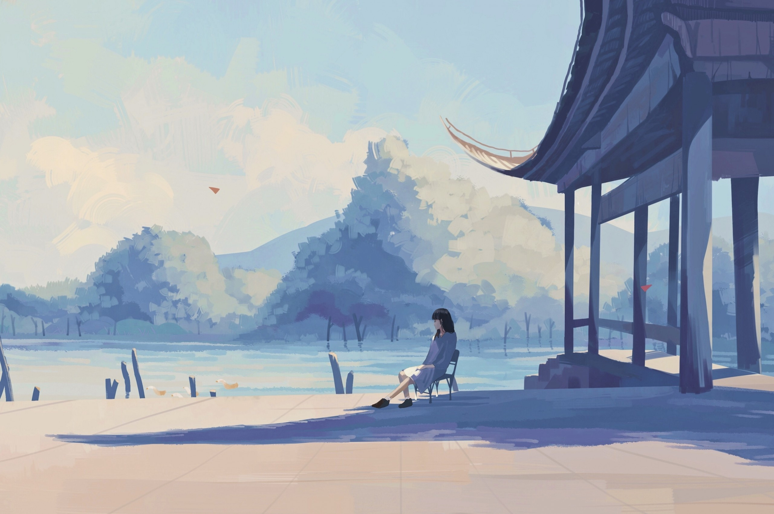 Download 2560x1700 Lonely Anime Girl, Lake, Pastel Colors, Shadow Wallpaper...