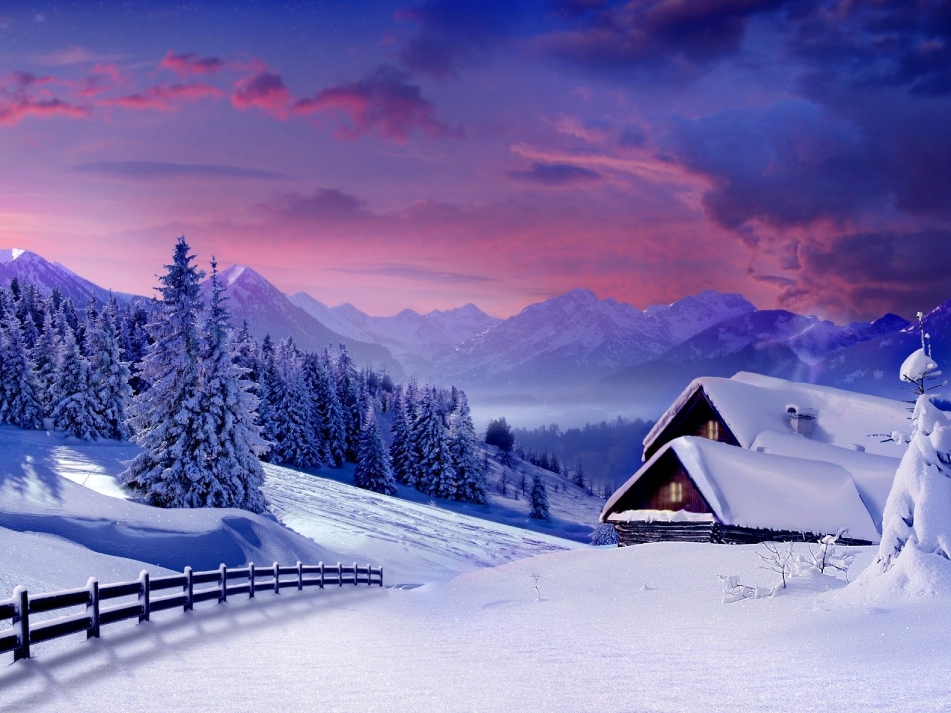 Winter Landscape Snowy Mountains Village Houses Covered With Snow Wooden Fence Forest With Christmas Trees HD Wallpaper 3840x2400, Wallpaper13.com