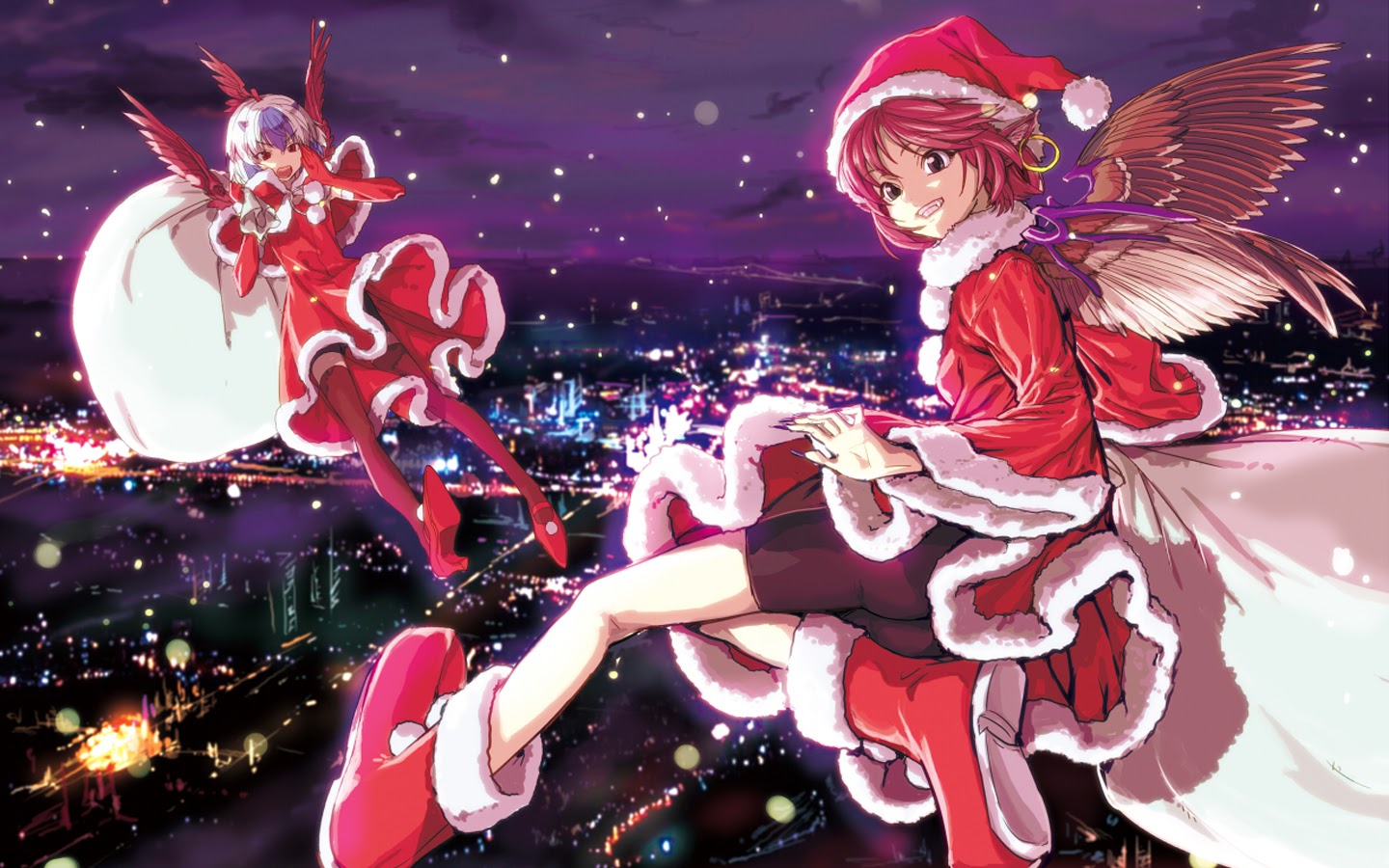 anime christmas wallpaper, cg artwork, anime, cartoon, fictional character, animation, animated cartoon, graphic design, illustration, angel, long hair