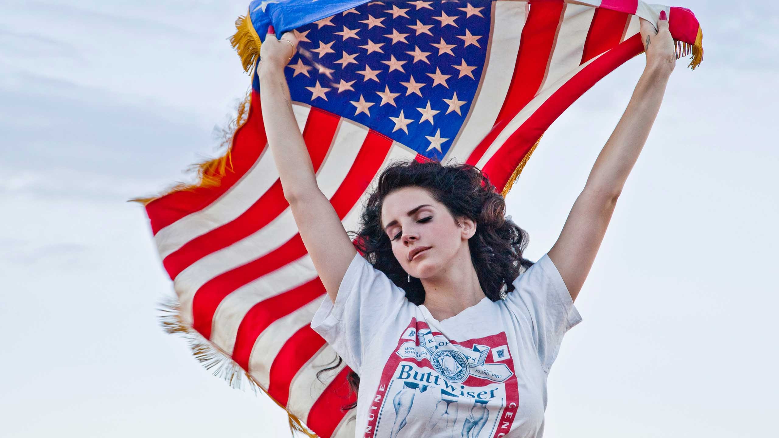 Wallpaper, women, Lana Del Rey, flag of the united states 2560x1440