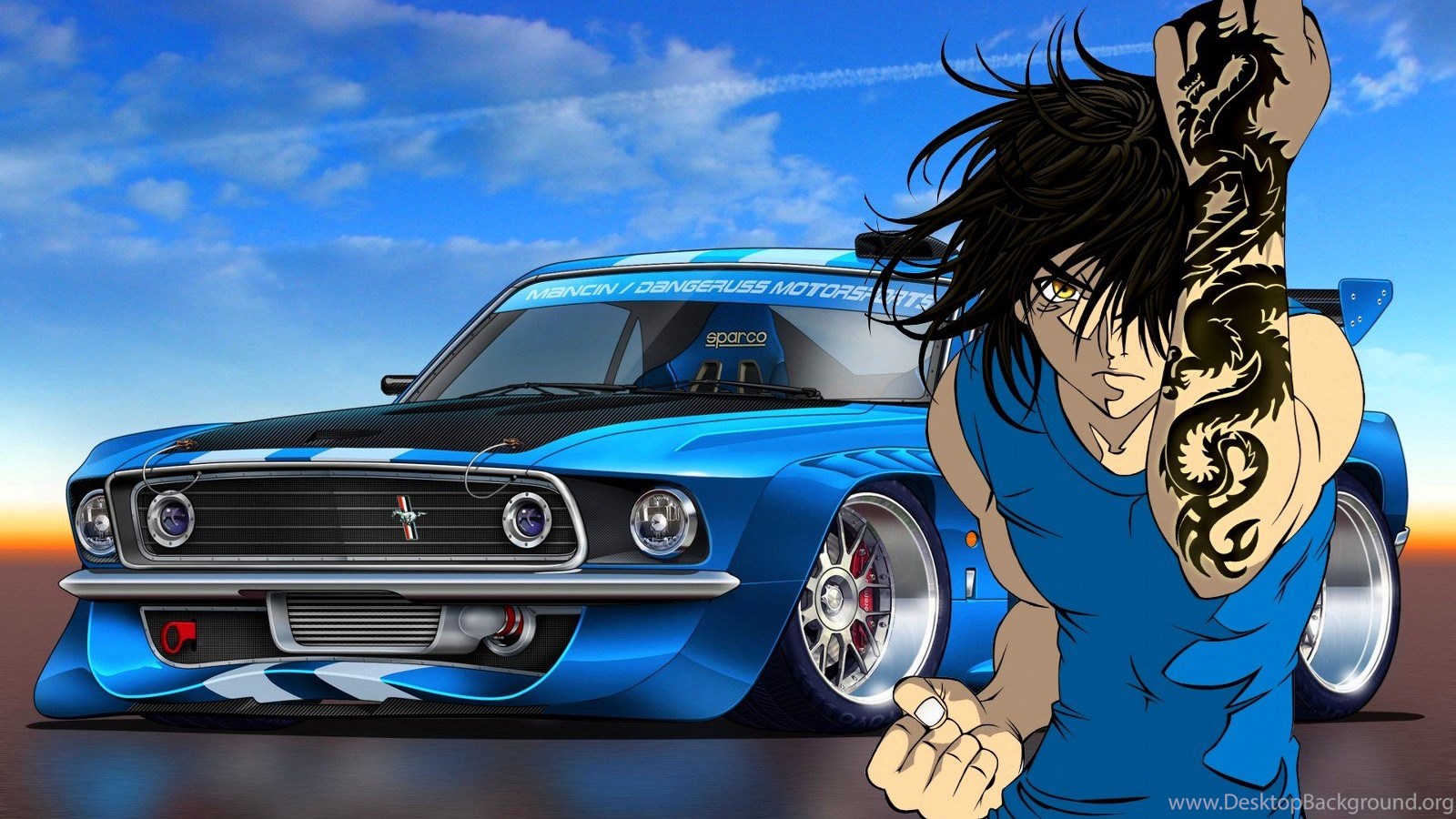 Boy And Racer Car Cartoon Desktop Background