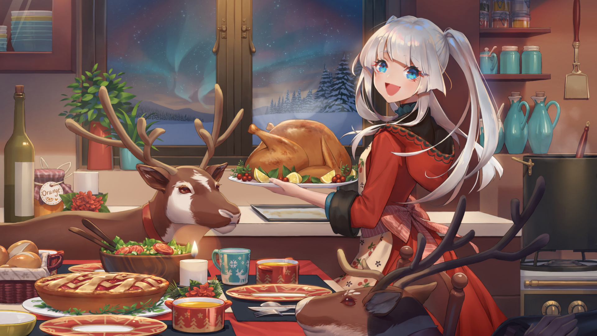 Desktop Wallpaper Dinner, Anime Girl, Christmas, HD Image, Picture, Background, 82bcc8