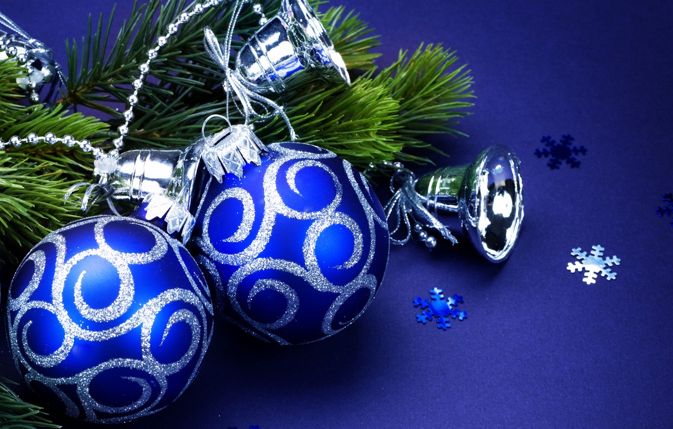 Wallpaper snowflakes, balls, toys, tree, branch, sequins, New Year, Christmas, bells, Christmas, blue, blue background, New Year, silver, Christmas image for desktop, section новый год