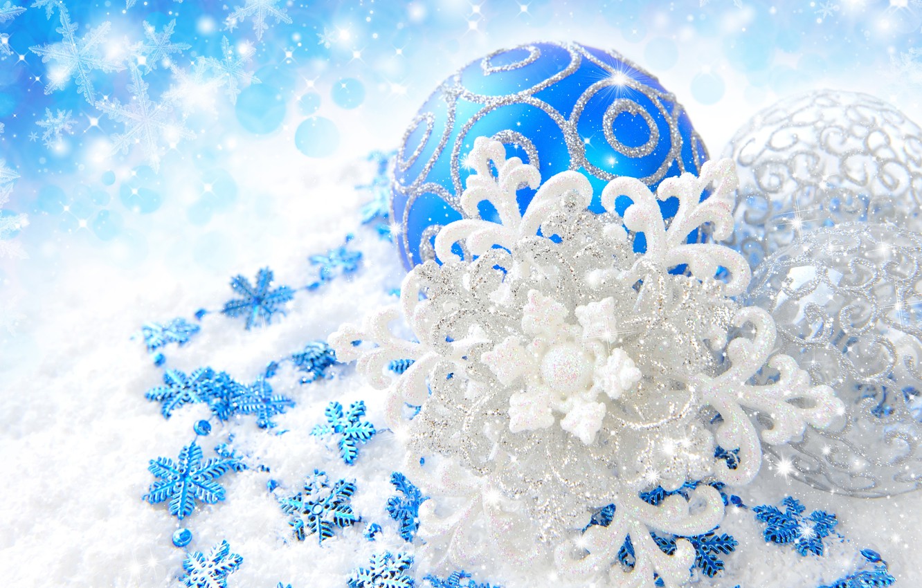 Wallpaper snowflakes, balls, patterns, toys, Shine, New Year, Christmas, the scenery, Christmas, blue, New Year, silver, Christmas, Christmas image for desktop, section новый год
