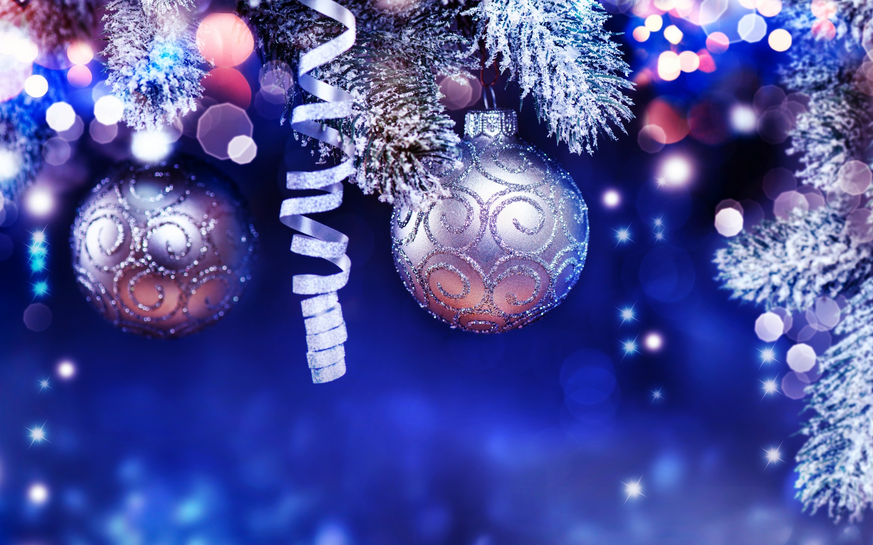 Download wallpaper New Year, Blue Christmas background, decoration, silver Christmas balls, silver ribbons, Christmas for desktop with resolution 2880x1800. High Quality HD picture wallpaper