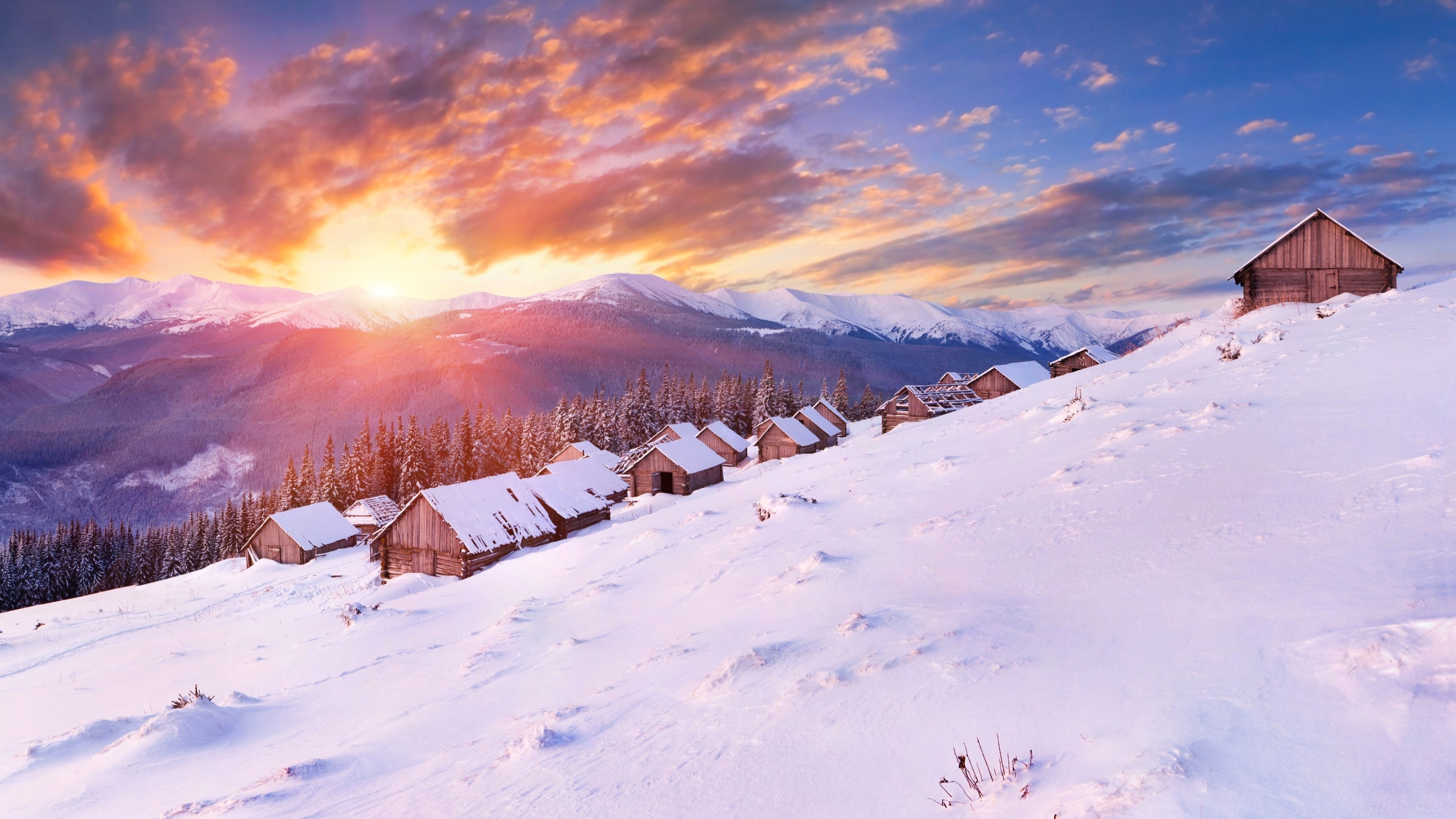 Wallpaper / Mountains, 4K, 4k wallpaper, hills, sunset, snow, winter, house free download