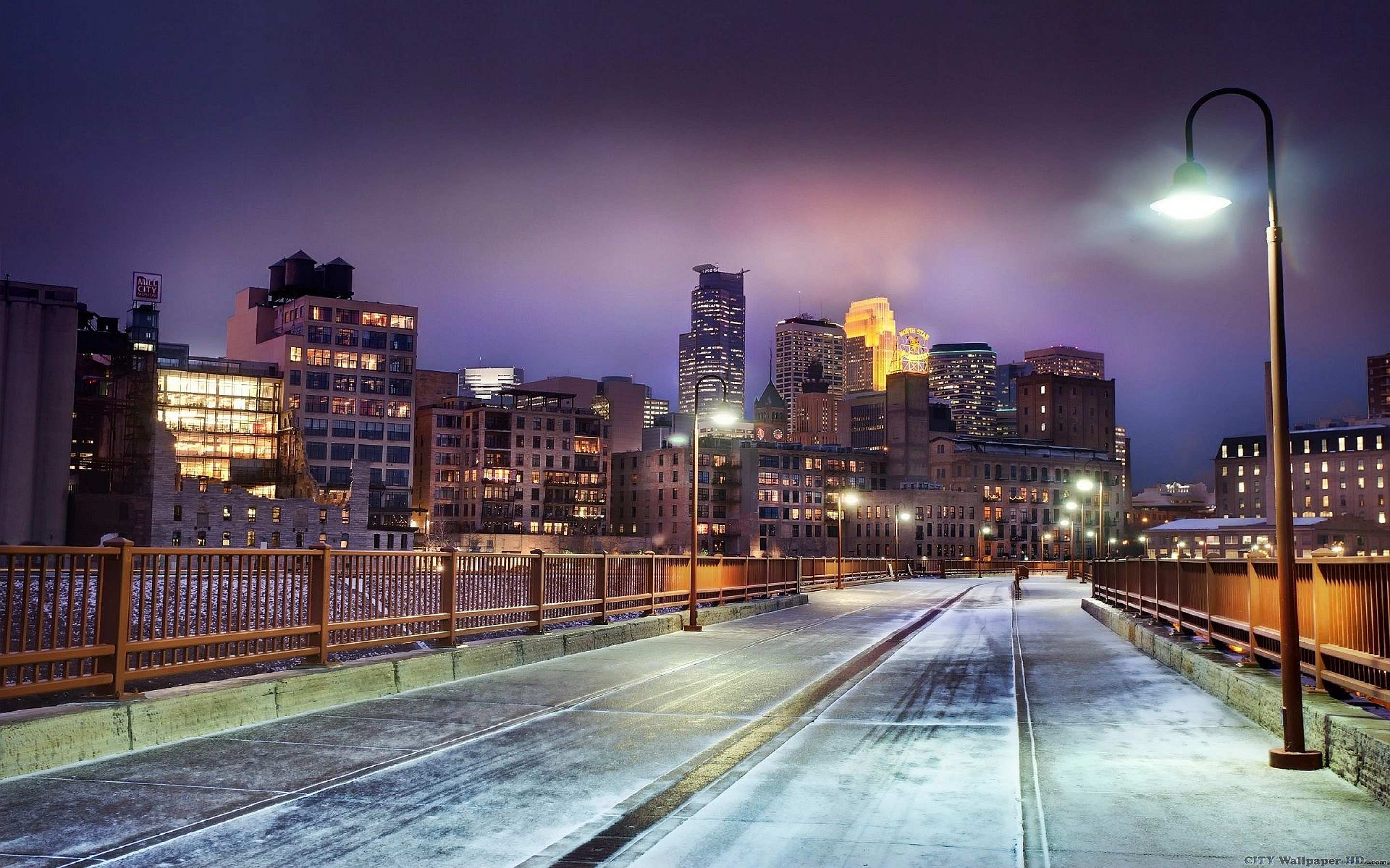 Winter night. Wide background cities for the laptop. Minnesota, United States, buildings, winter