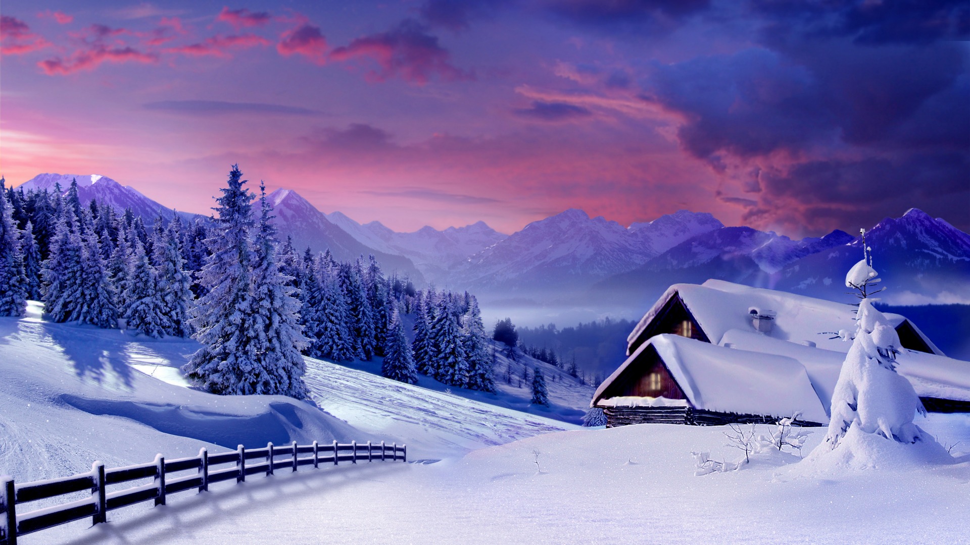 Winter, snow, hut, fence, trees, winter landscape pictures, landscape wallpapers