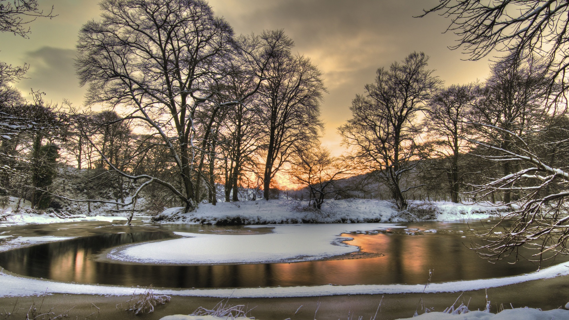 Wallpapers Winter snow, nature landscape, river, trees, dusk 1920x1080 Full HD 2K Picture, Image