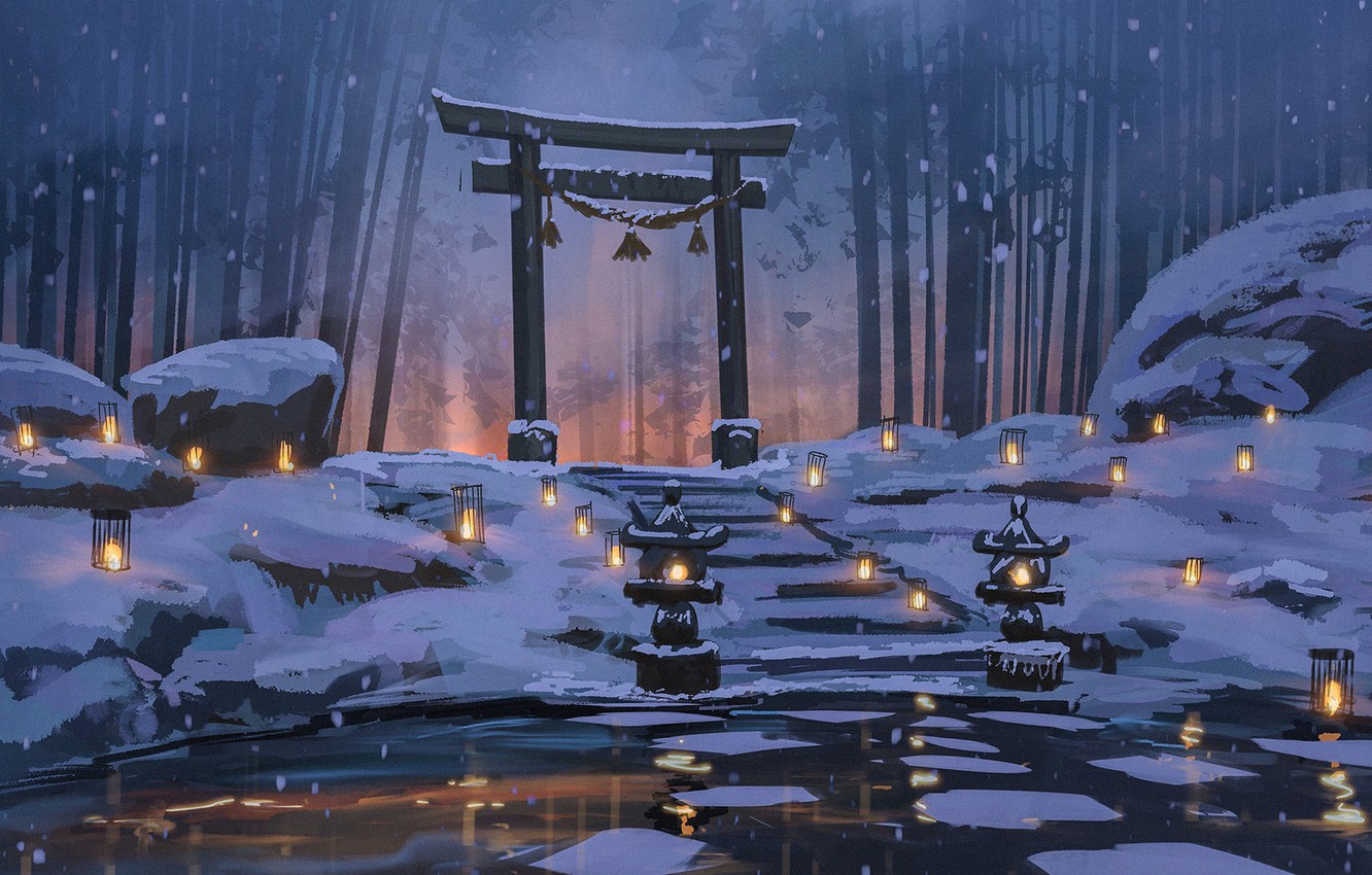 Wallpaper snow, pond, silence, Japan, lights, stage, Japan, winter forest, bamboo forest, torii gate, by Surendra Rajawat image for desktop, section живопись