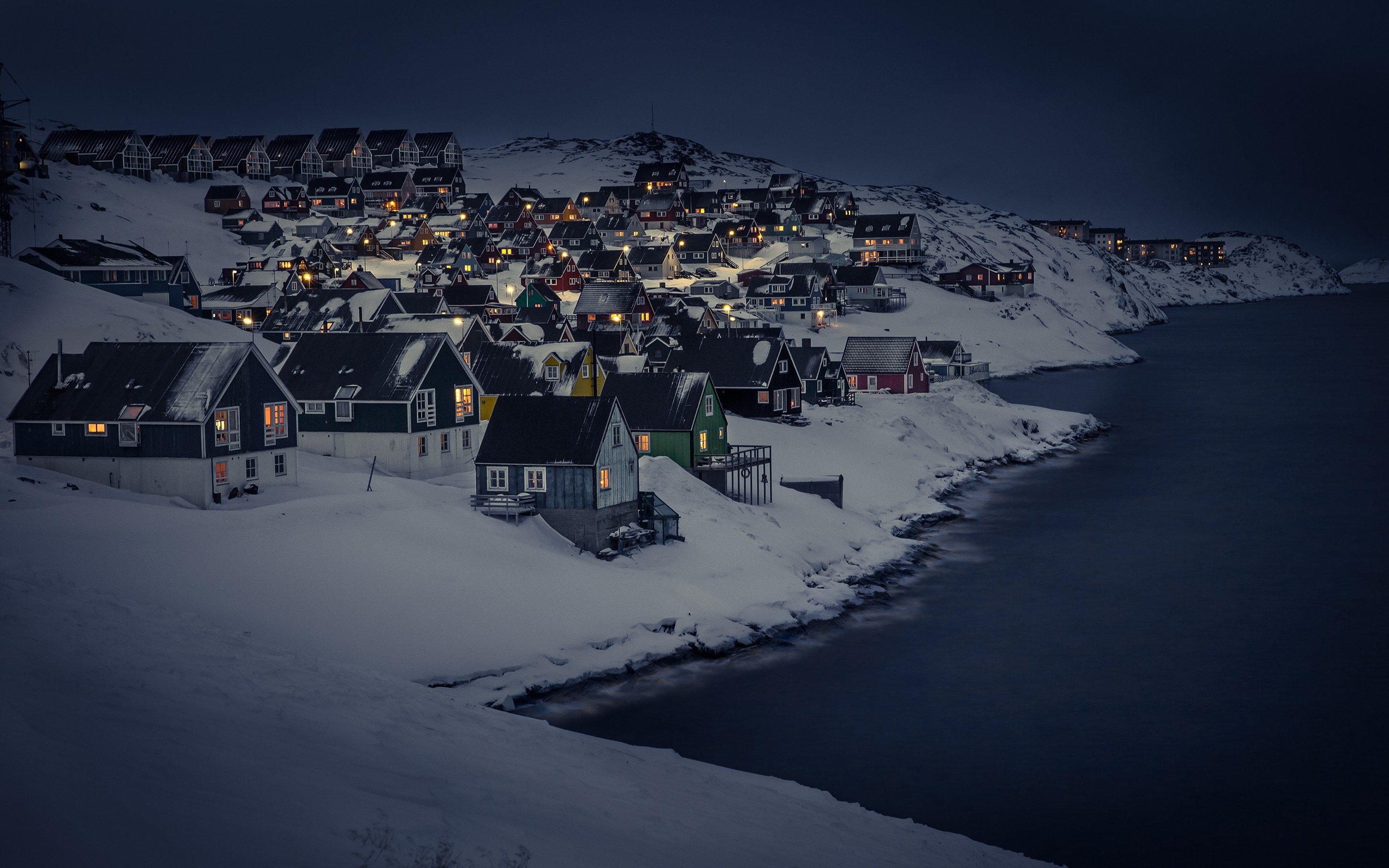 winter, Snow, Sea, Landscape, House, Lights, Night, City Wallpaper HD / Desktop and Mobile Background
