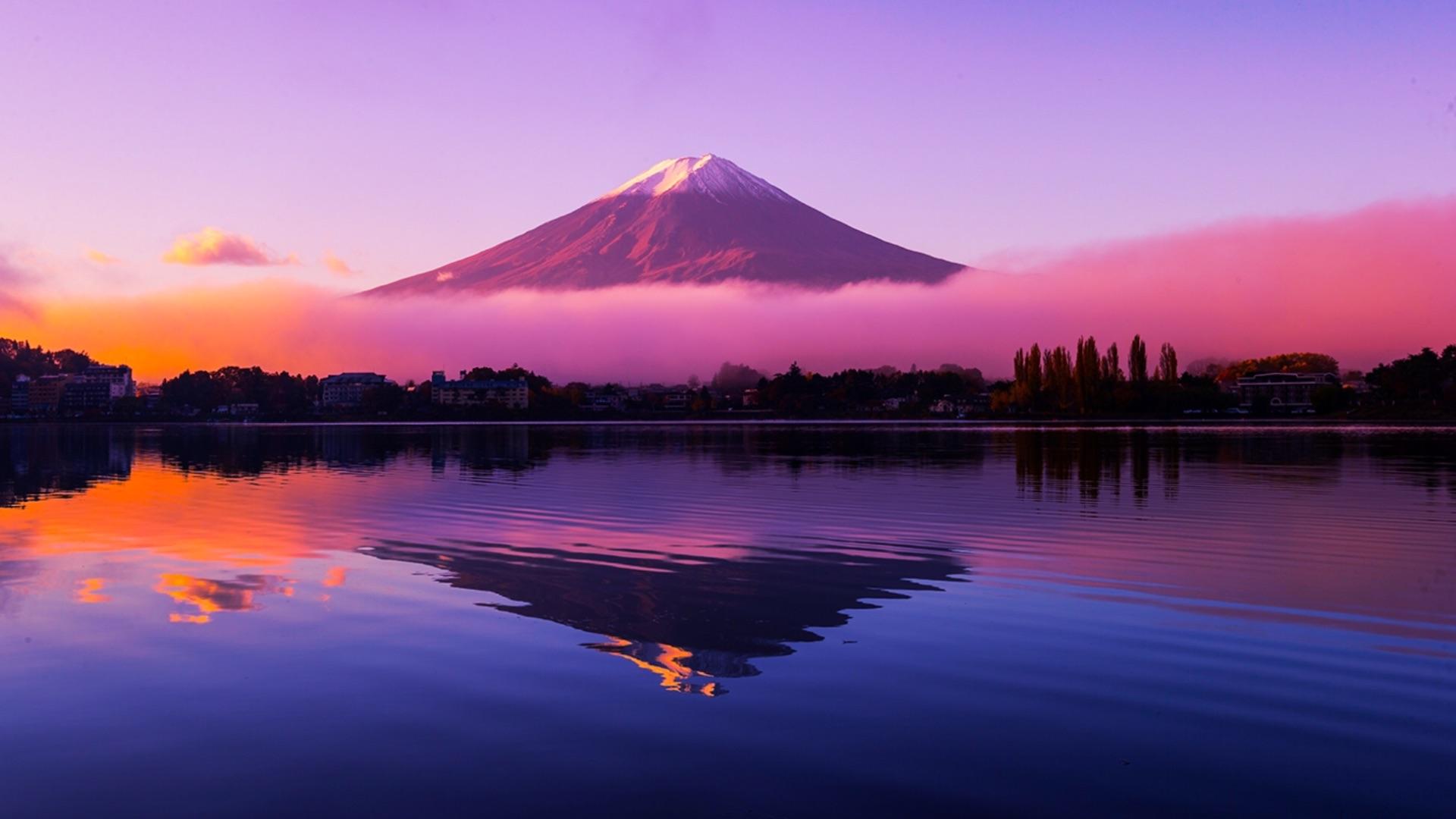 Mt. Fuji viewed from the opposite side of a lake during