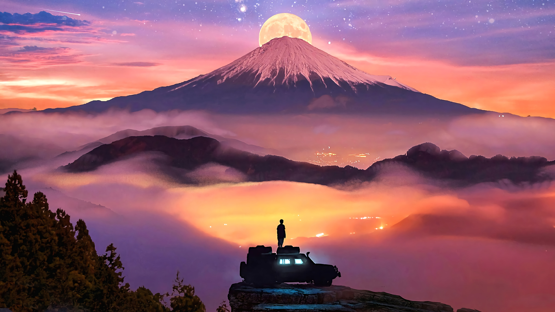 Wallpaper, artwork, digital, stars, Mount Fuji, Moon, clouds, neon glow, mist 1920x1080