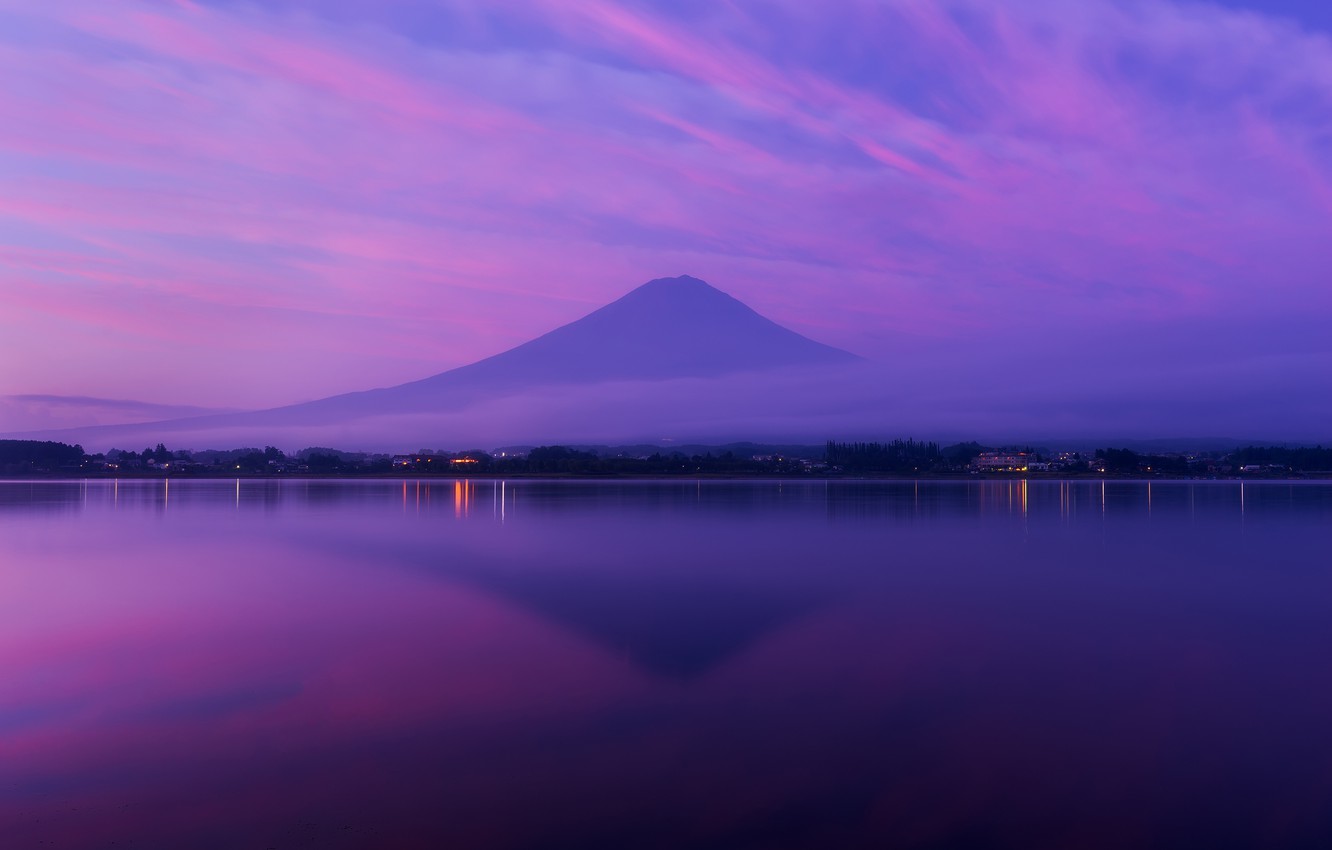Wallpaper the sky, clouds, lights, reflection, lilac, shore, color, mountain, the evening, the volcano, Japan, pond, settlement, Fuji, lilac, the island of Honshu image for desktop, section пейзажи