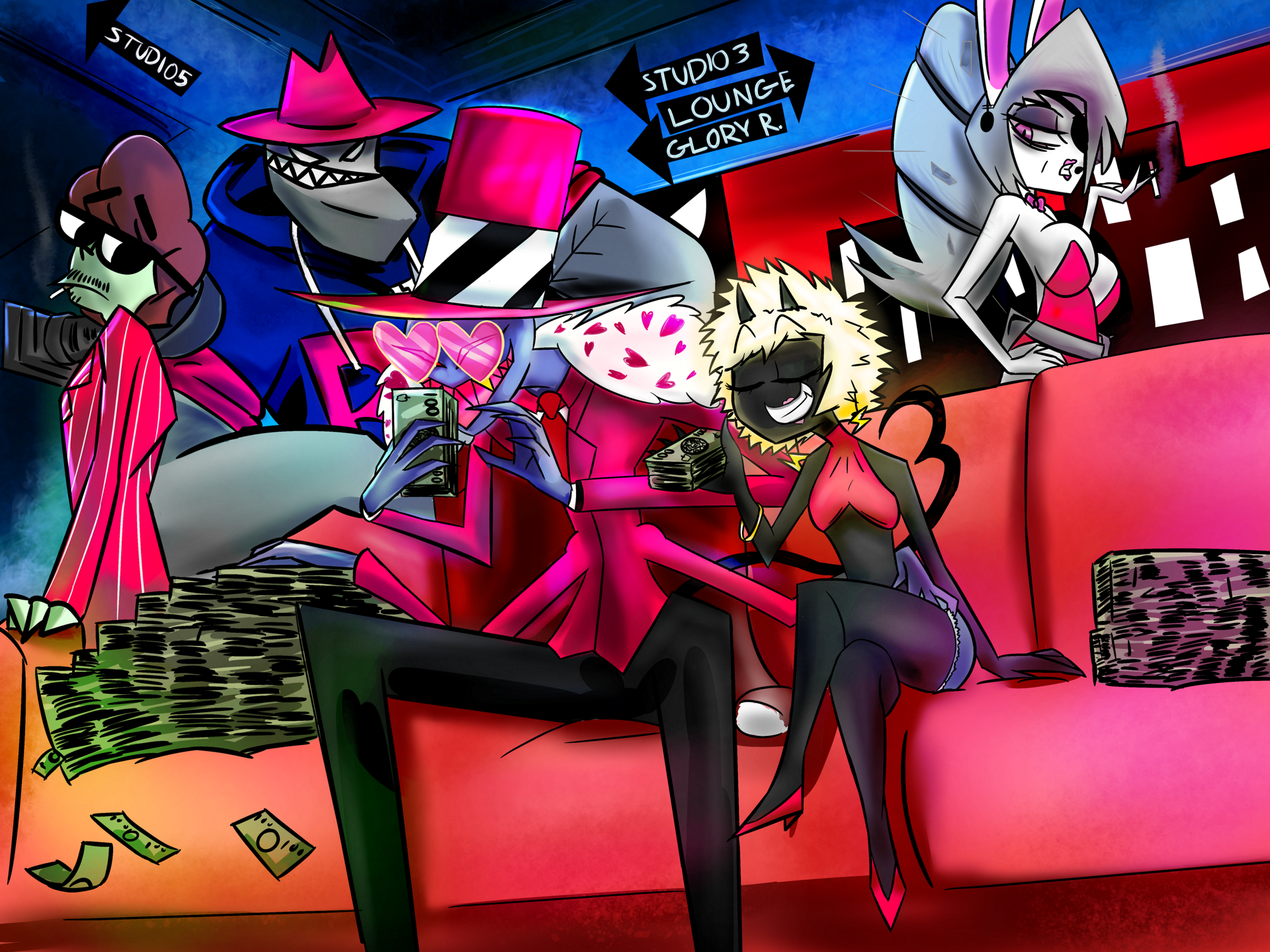 Valentino Enjoying a Pile of Money with a Bunch of OCs that Work for Him.: HazbinHotel