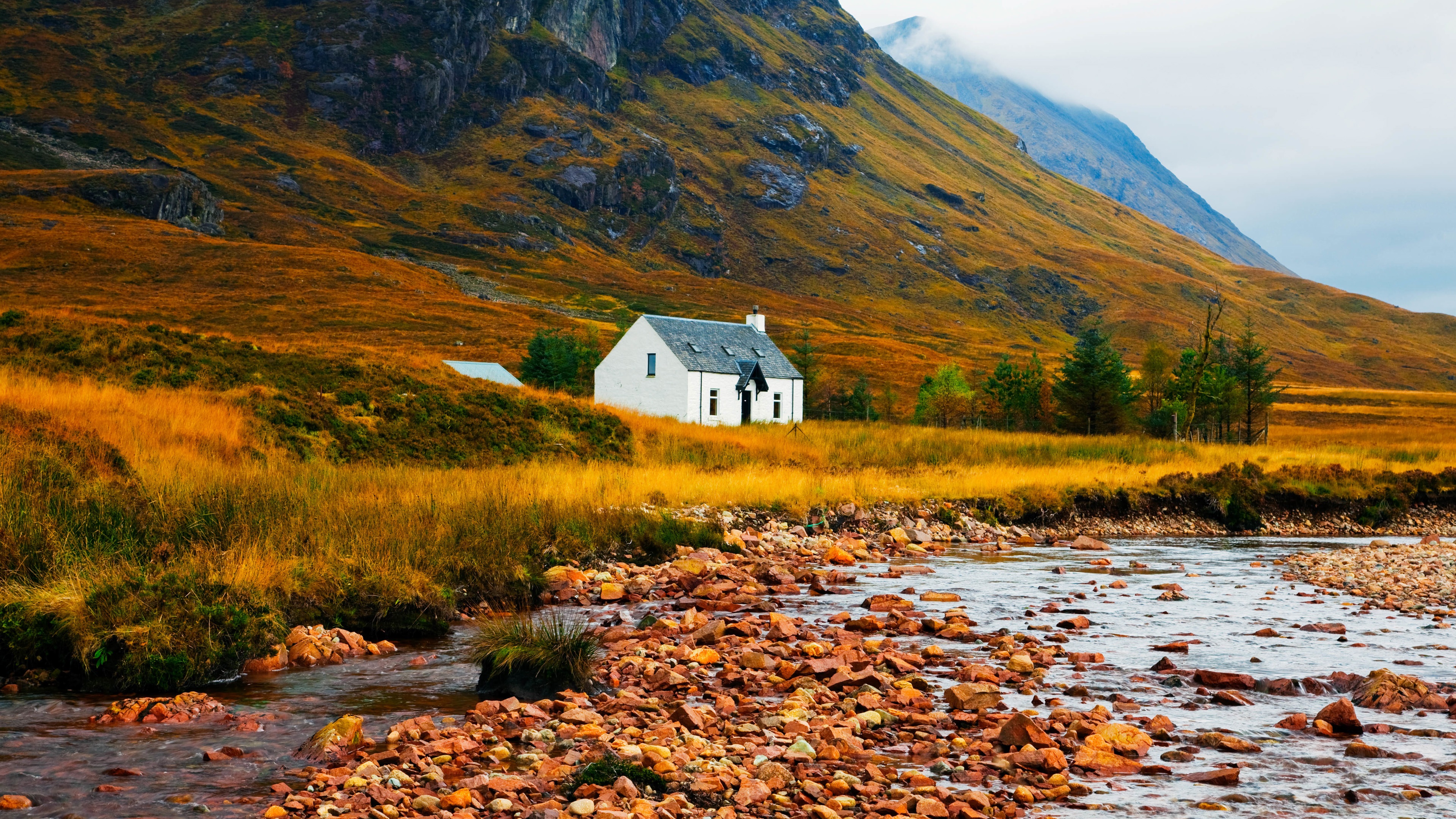 Wallpaper Autumn, mountain, slope, grass, stones, house 3840x2160 UHD 4K Picture, Image