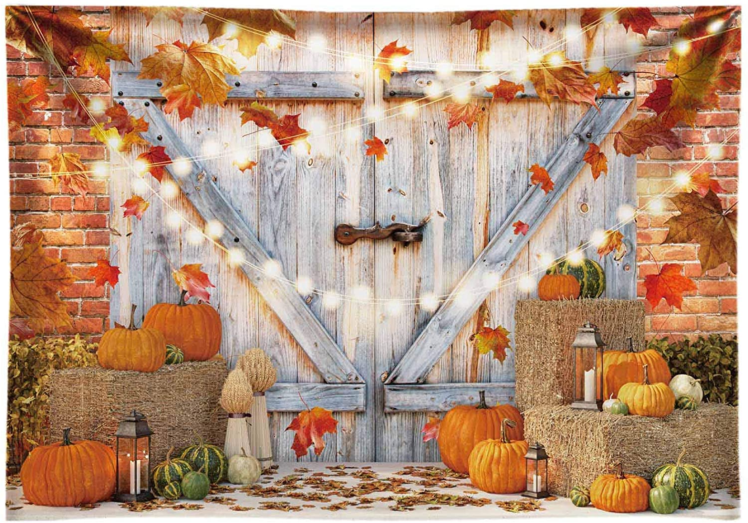 Funnytree 7x5FT Soft Fabric Fall Thanksgiving Photography Backdrop Autumn Pumpkin Harvest Barn Background Maple Baby Shower Banner Decoration Birthday Party Supplies Photo Booth Prop, Home & Kitchen