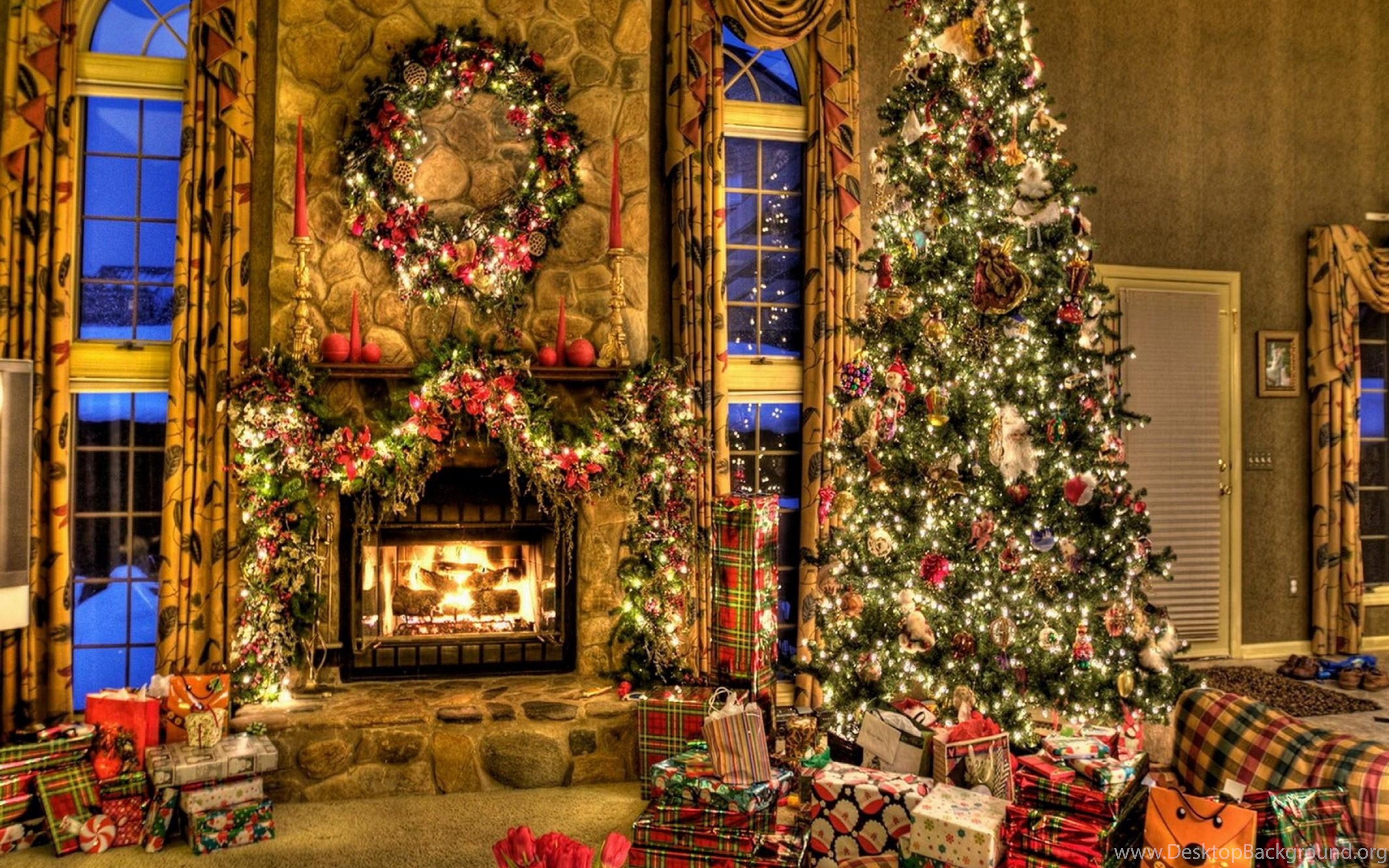 Download Wallpaper 3840x2400 Tree, Christmas, Presents, Fireplace. Desktop Background