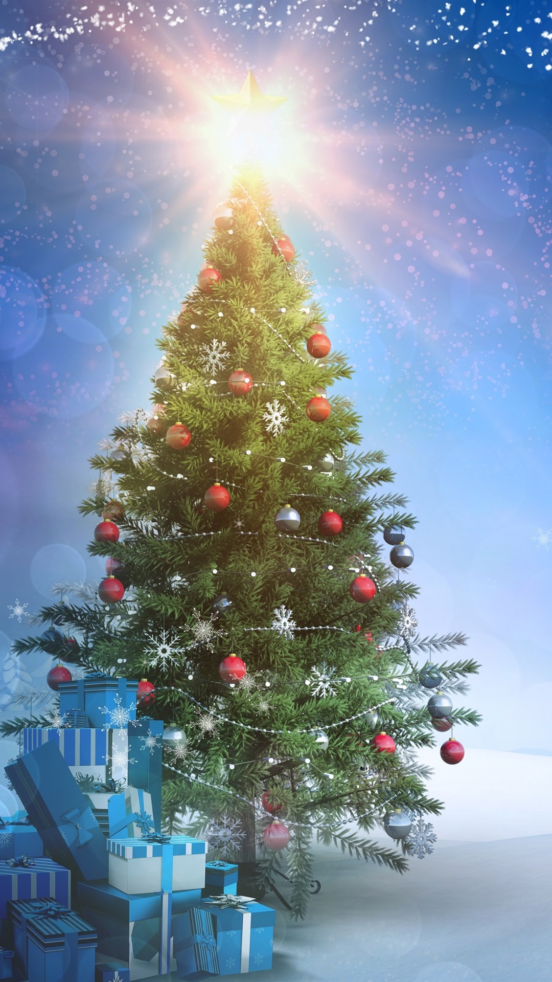 New Year Theme, Christmas Tree, Gifts, Snow, Sunset, Sun Rays 1080x1920 IPhone 8 7 6 6S Plus Wallpaper, Background, Picture, Image