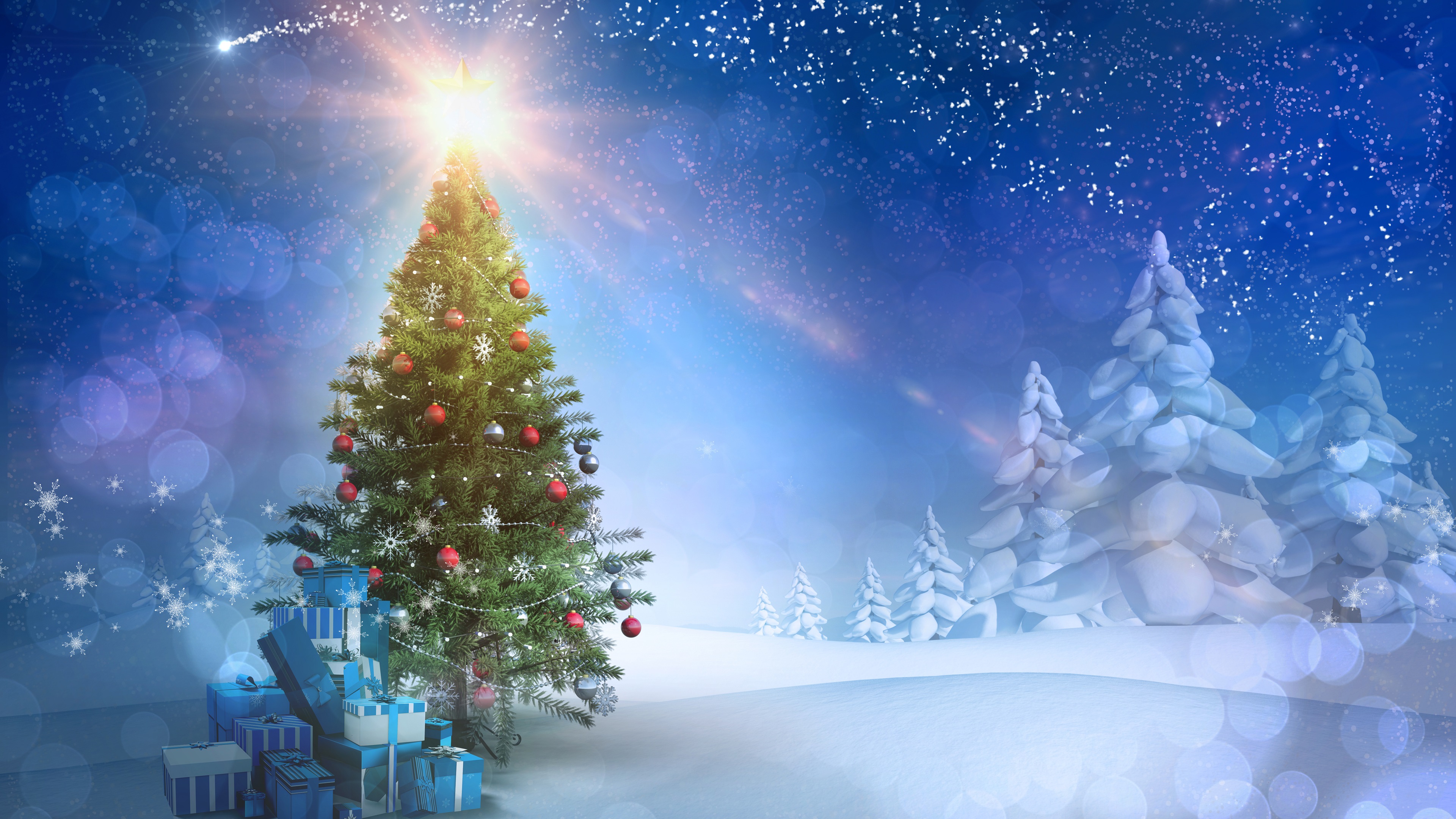 Wallpaper New Year theme, Christmas tree, gifts, snow, sunset, sun rays 3840x2160 UHD 4K Picture, Image