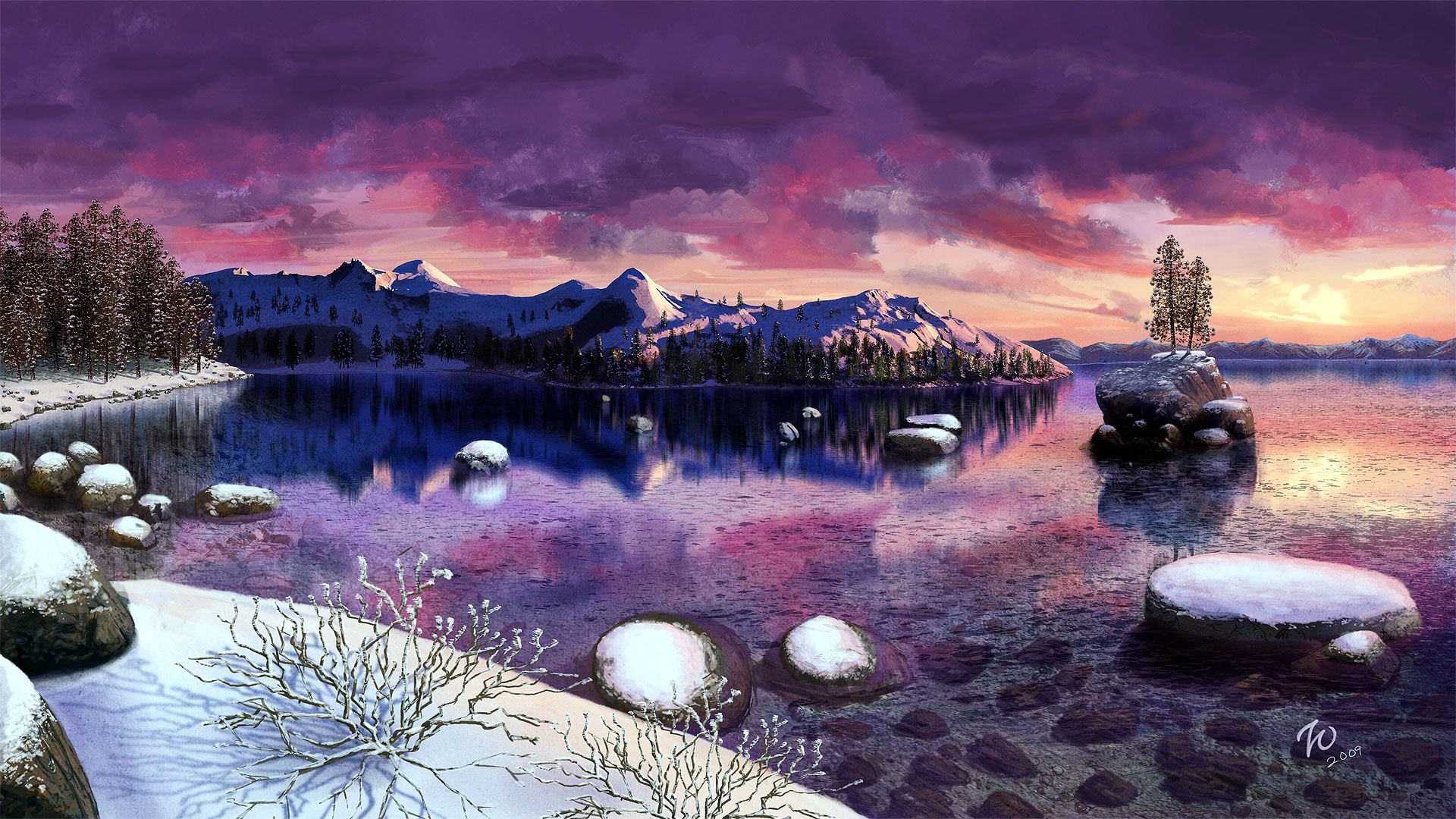 Artistic Lake Tahoe Painting Purple Snow Sunset Tree Winter Wallpaper:1920x1080