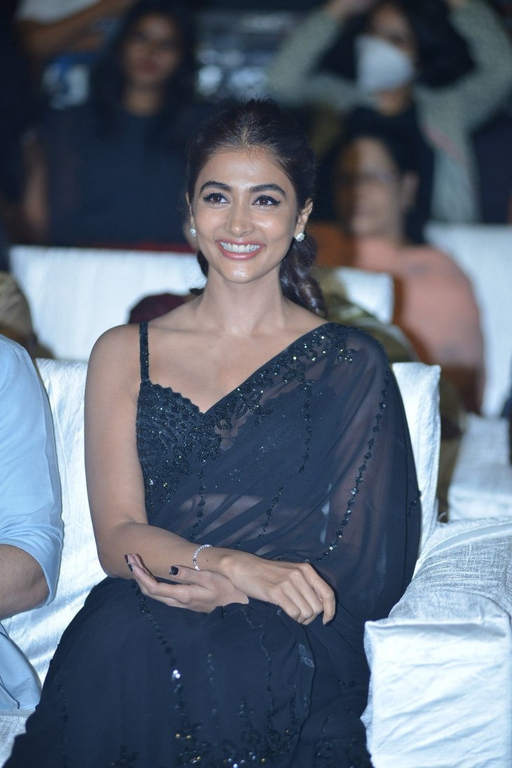 Pooja Hegde looks picture perfect in a black saree at MEB success meet!