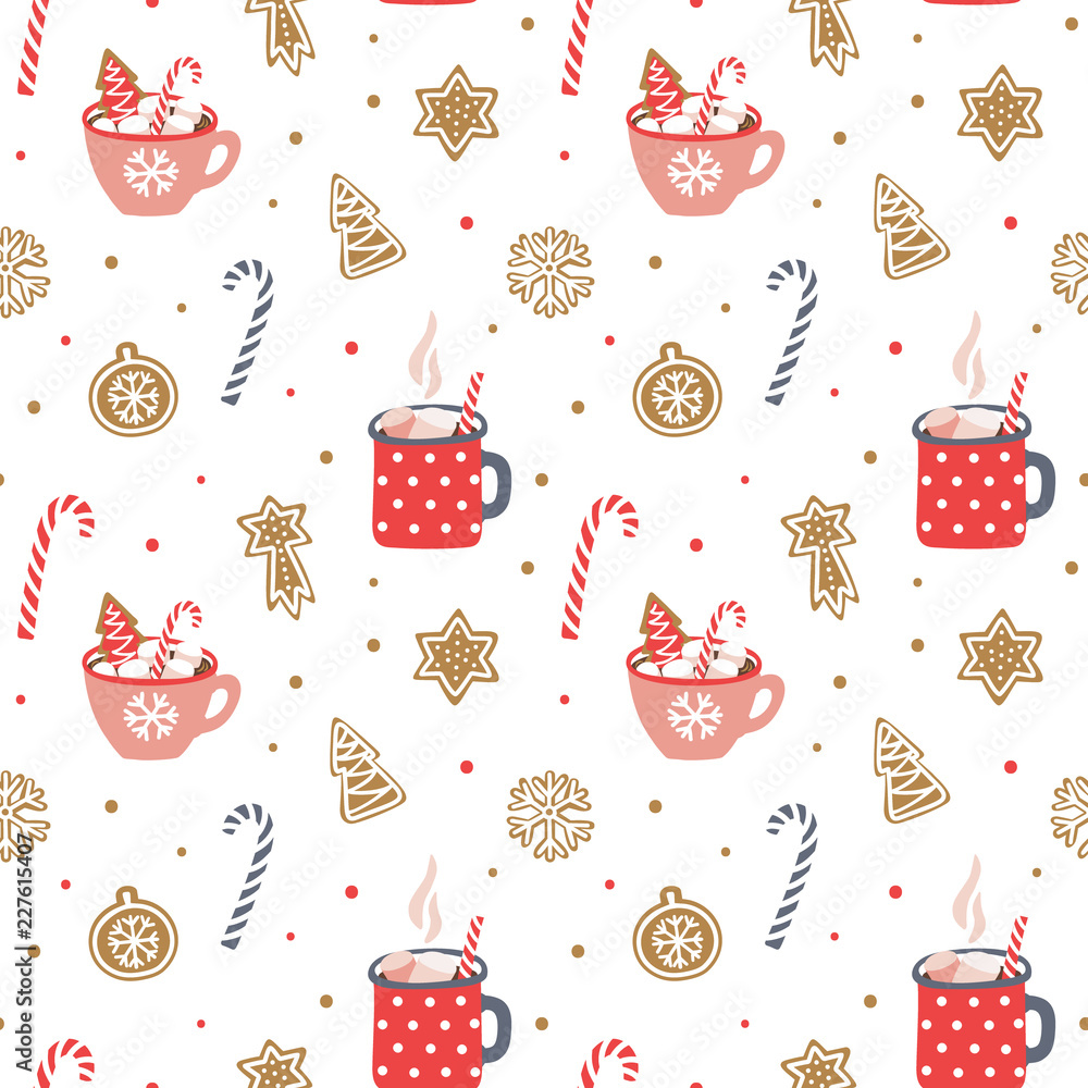 Cute hand drawn seamless pattern. Cozy Christmas background. Vector design for wrapping paper, fabric, wallpaper, etc. Stock Vector