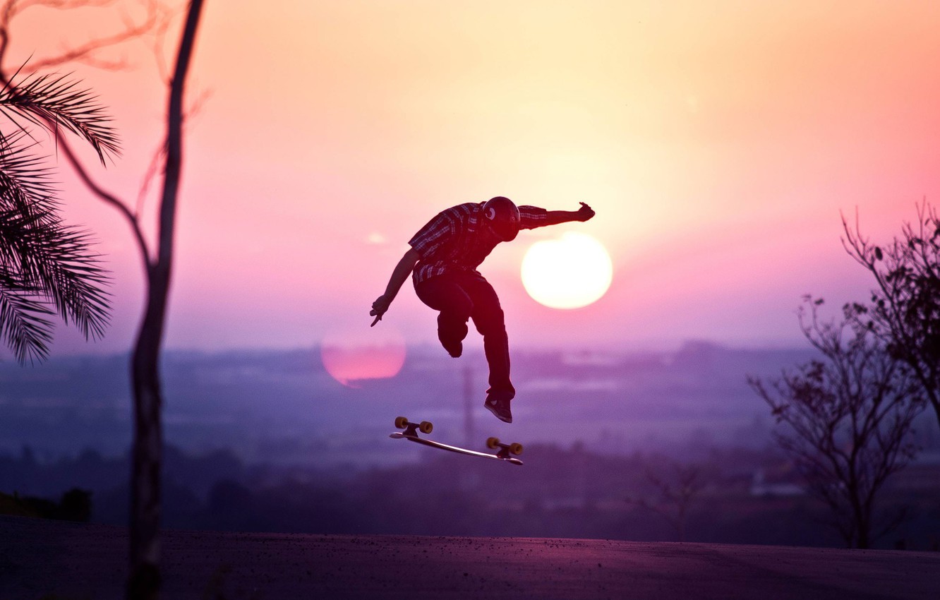 Wallpaper Skateboard, road, sunset, jump, sun, sports, silhouette, athlete image for desktop, section спорт