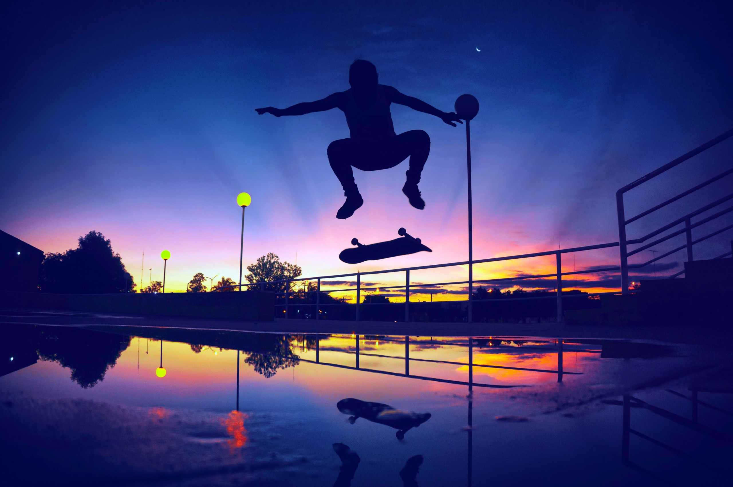 Download 2560x1700 Sunset, Skate, Jump, Silhouette, Reflection Wallpaper for Chromebook Pixel