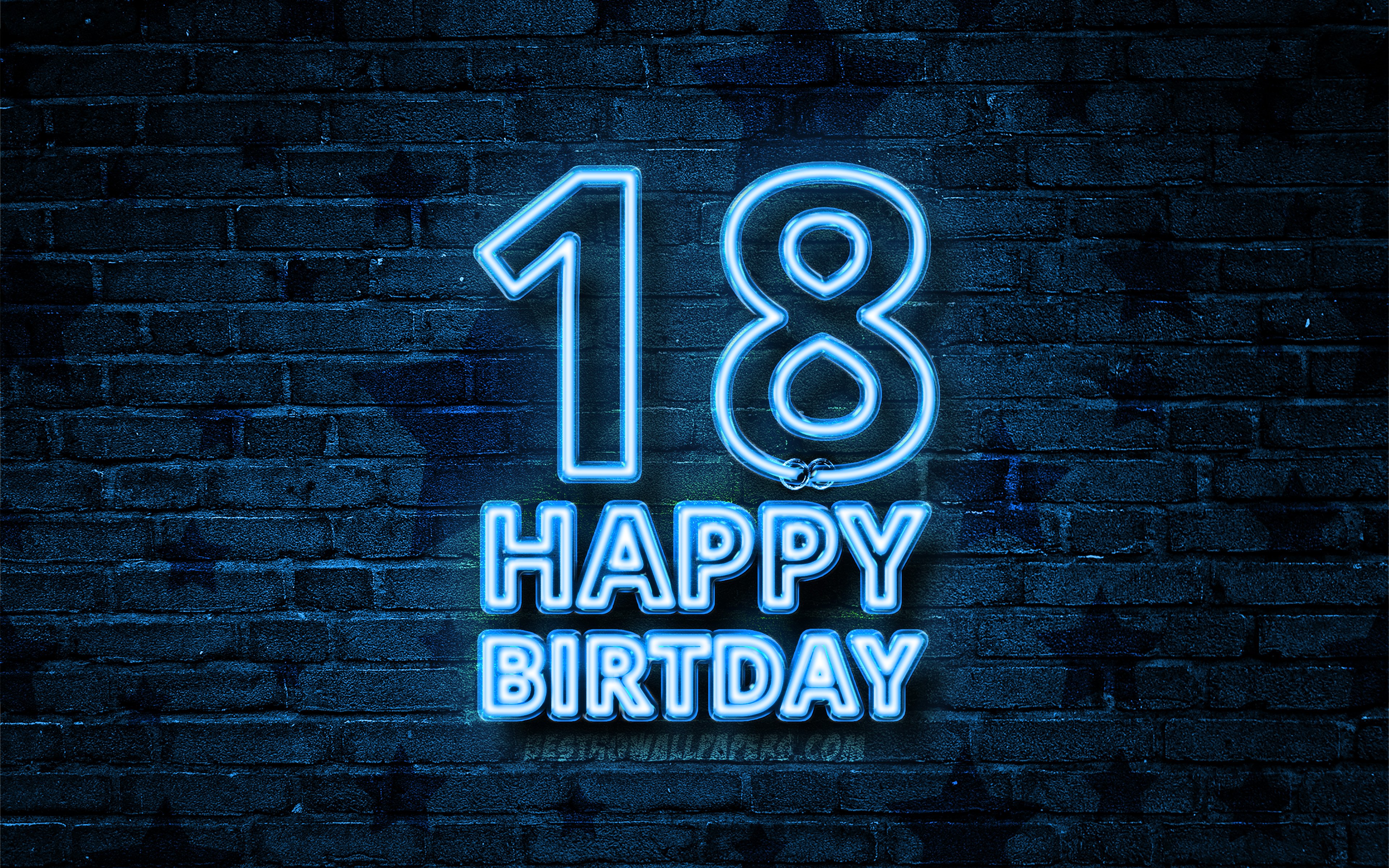 Download wallpaper Happy 18 Years Birthday, 4k, blue neon text, 18th Birthday Party, blue brickwall, Happy 18th birthday, Birthday concept, Birthday Party, 18th Birthday for desktop with resolution 3840x2400. High Quality HD