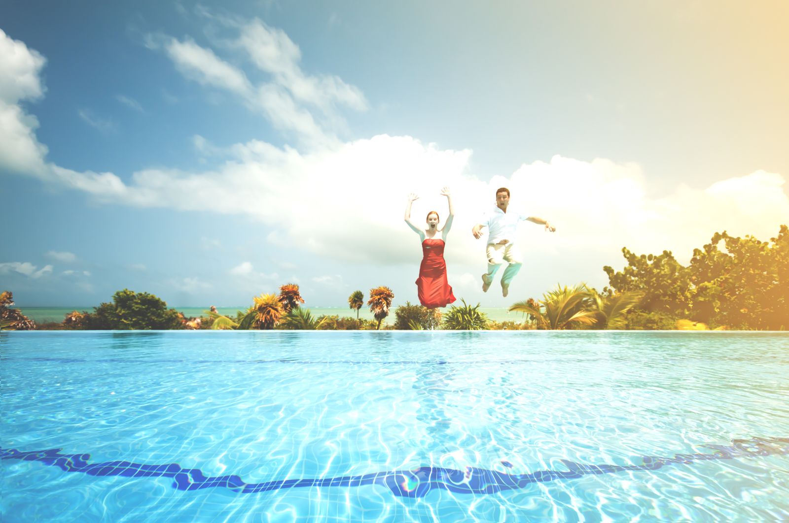 Woman Sky Water Trees Man Vacation Couple Wallpaper People Jumping In The Pool HD Wallpaper