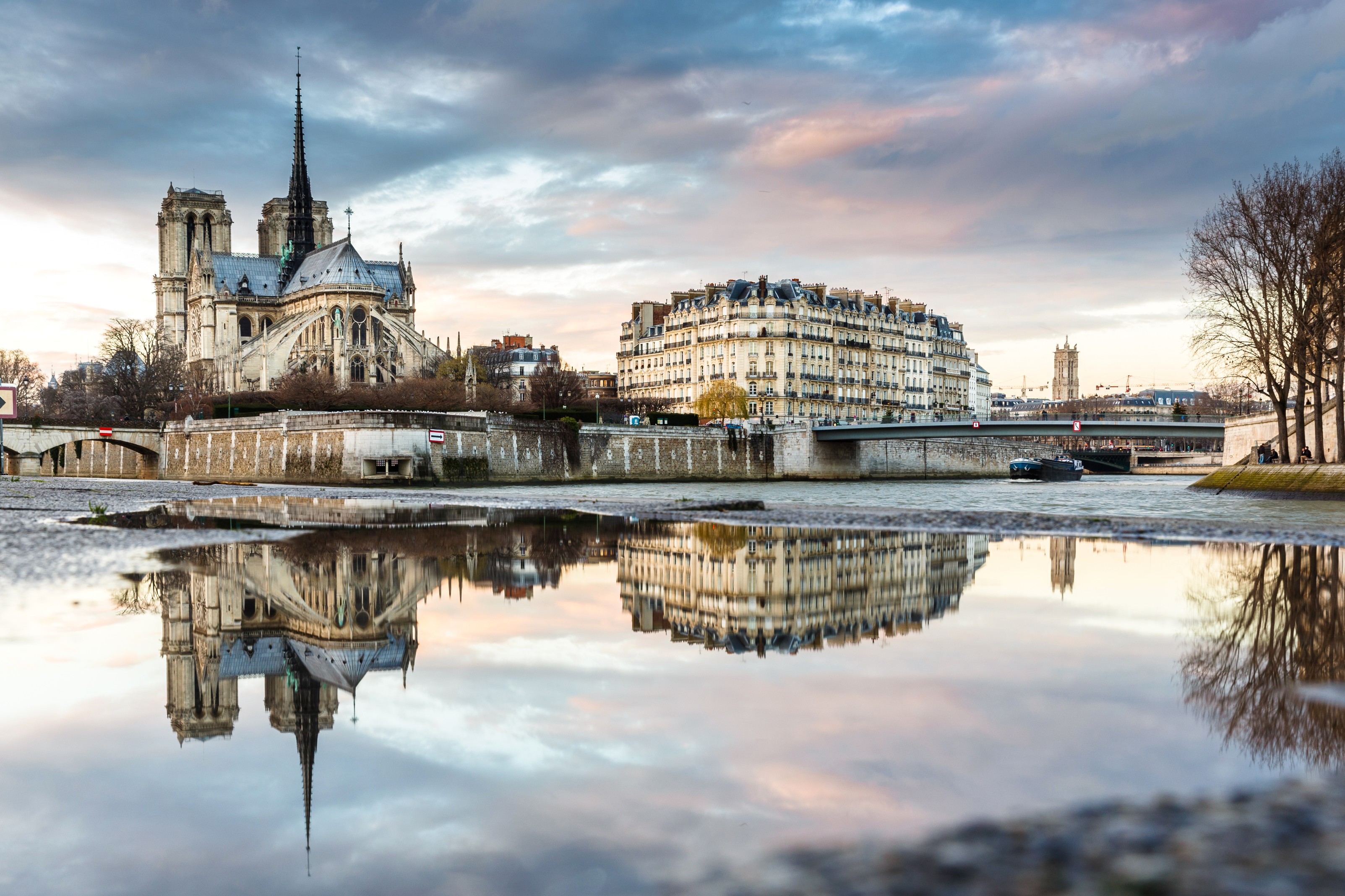 Wallpaper, city, cityscape, water, reflection, snow, winter, evening, morning, river, France, Paris, Notre dame, season, landmark, urban area, human settlement 3206x2138