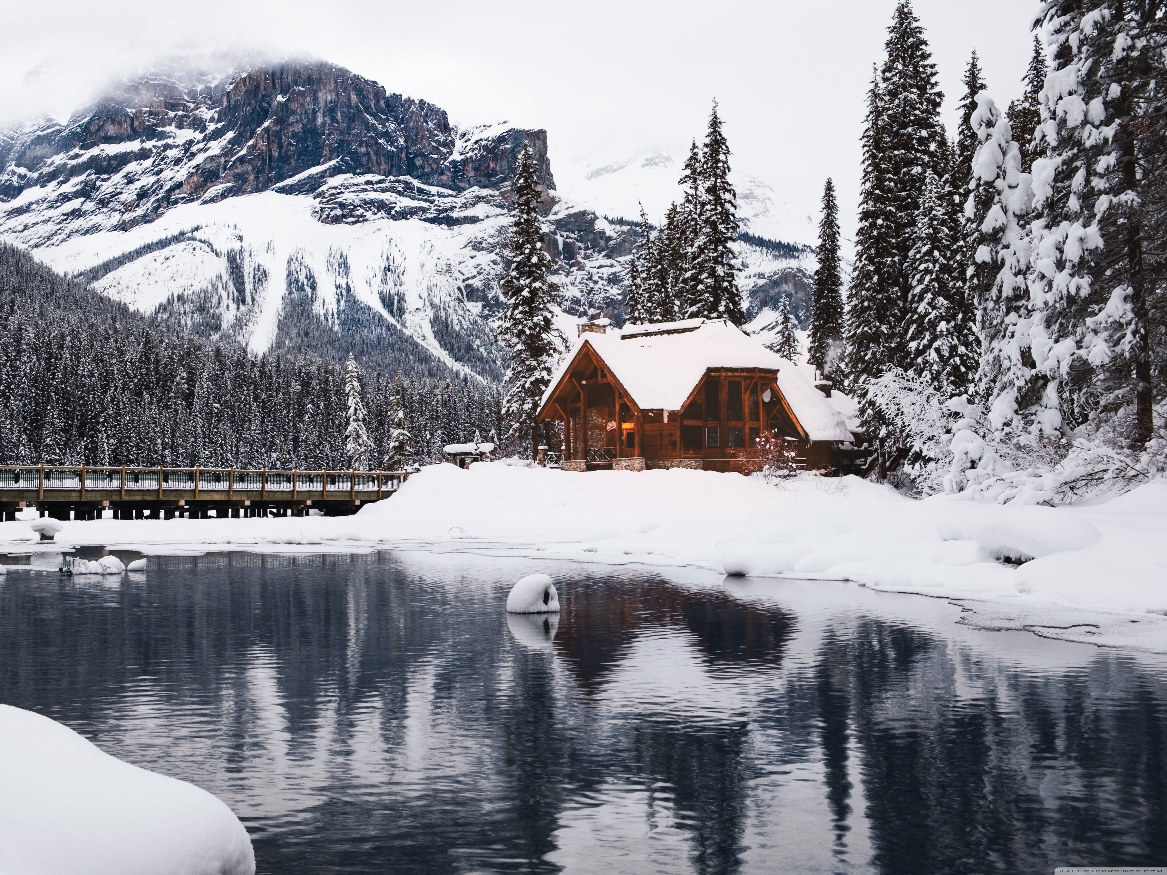 Rustic Cottage, Lake, Mountain, Winter, Snow Ultra HD Desktop Background Wallpaper for 4K UHD TV, Widescreen & UltraWide Desktop & Laptop, Tablet