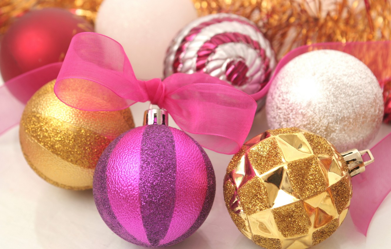 Wallpaper white, purple, macro, pink, holiday, new year, tape, white, gold, gold, new year, bow, pink, macro, Christmas balls, brilliant image for desktop, section новый год