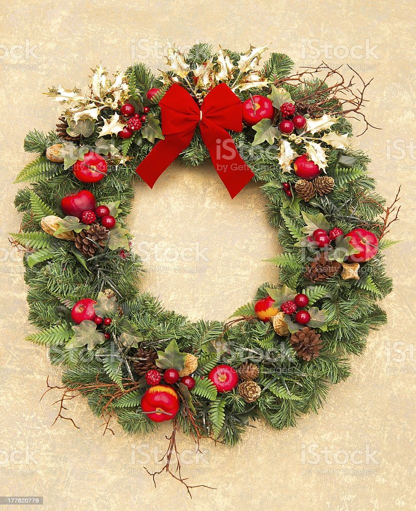 Christmas Wreath With Red Ribbon On Golden Wallpaper Image Now
