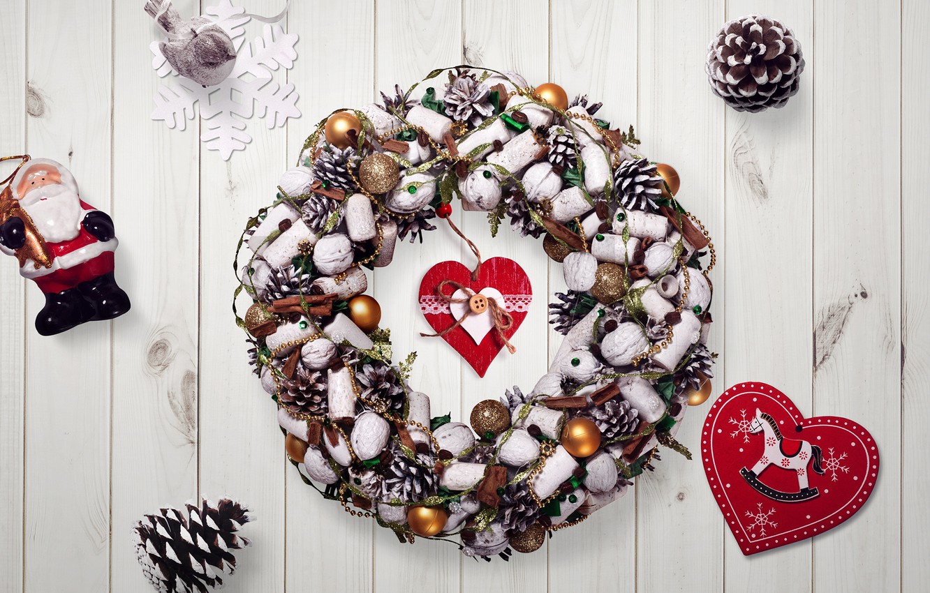 Wallpaper decoration, background, heart, New year, new year, happy, Christmas, wreath, bumps, Santa Claus image for desktop, section новый год