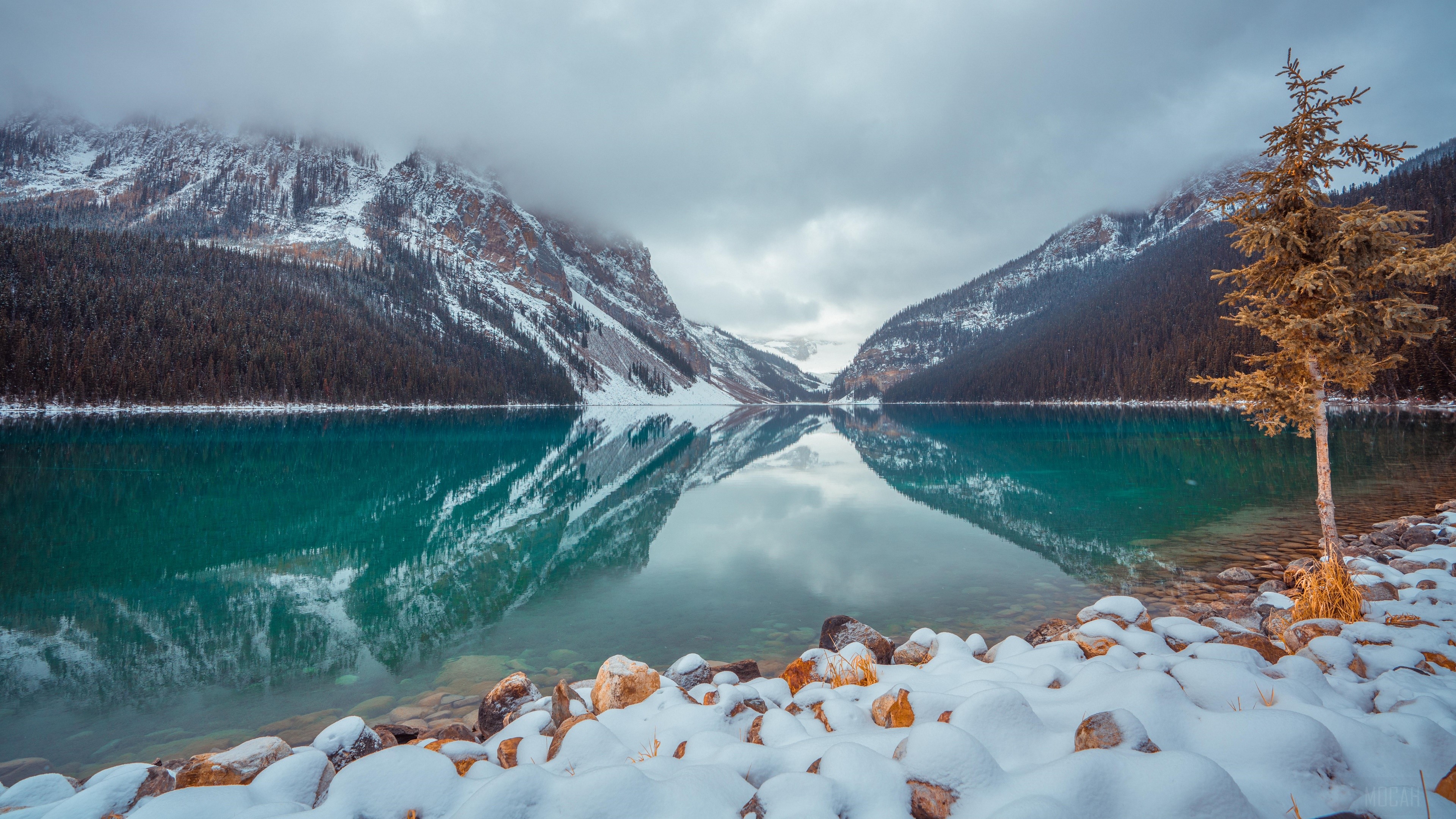 Lake, Lake Louise, Snow, Winter 4k wallpaper. Mocah HD Wallpaper