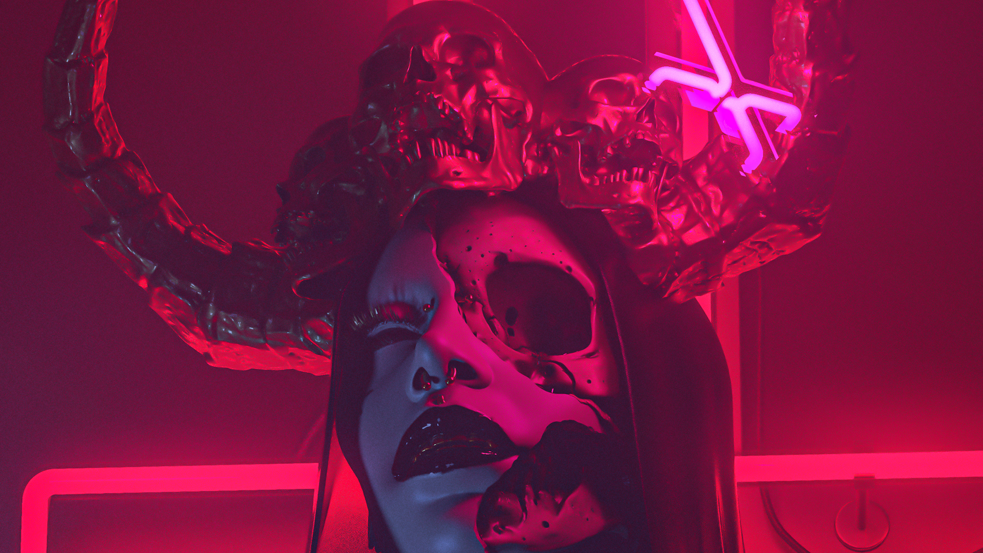horns, cyberpunk, red, neon lights, digital art, piercing, skull, billelis, Cinema 4D. Mocah HD Wallpaper