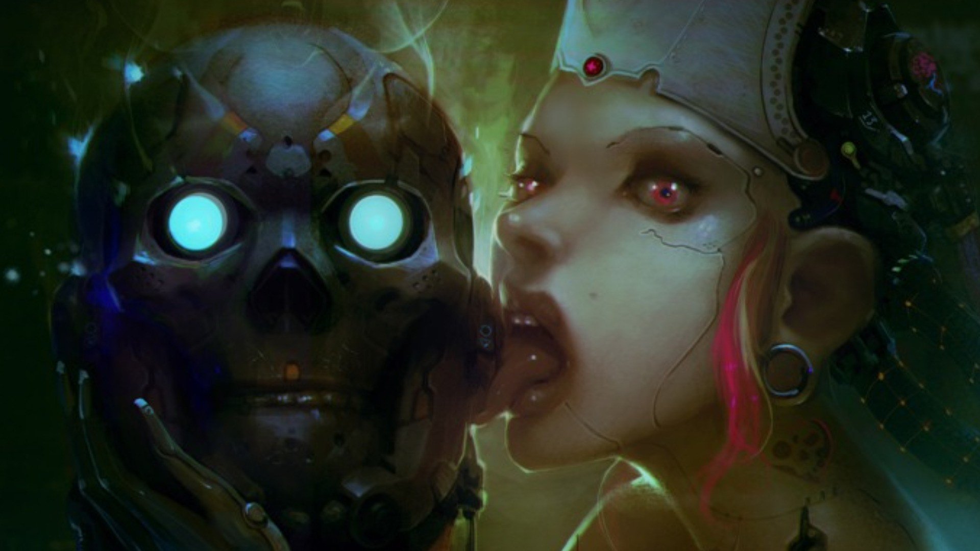 Creepy skulls robots cyberpunk piercings artwork androids wallpaperx1080