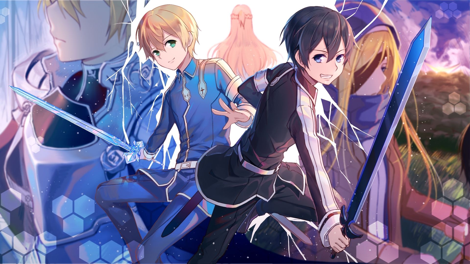 2girls 3boys alice_schuberg armor asuna_(sao) black_hair black_jacket black_pants blonde_hair blue_eyes blue. Sword art, Sword art online, Sword art online kirito