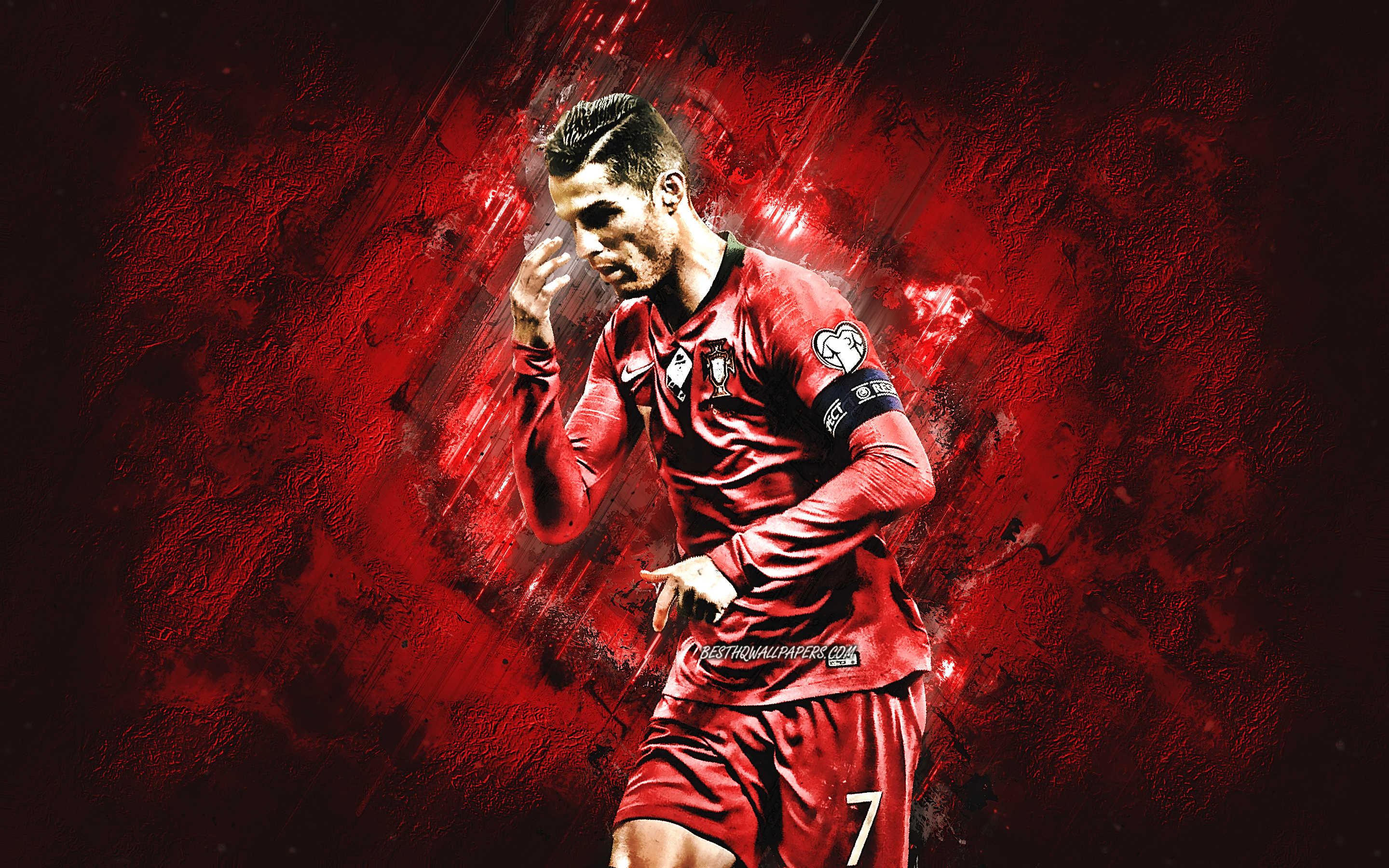 Download wallpaper Cristiano Ronaldo, Portugal national football team, CR portrait, portuguese soccer player, red stone background, football, world soccer star, Portugal for desktop with resolution 2880x1800. High Quality HD picture wallpaper