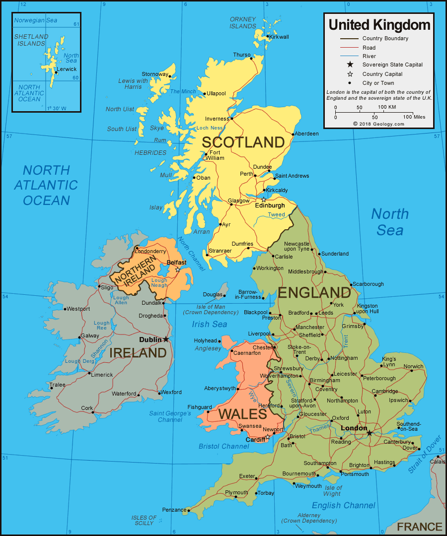 United Kingdom Map. England, Scotland, Northern Ireland, Wales
