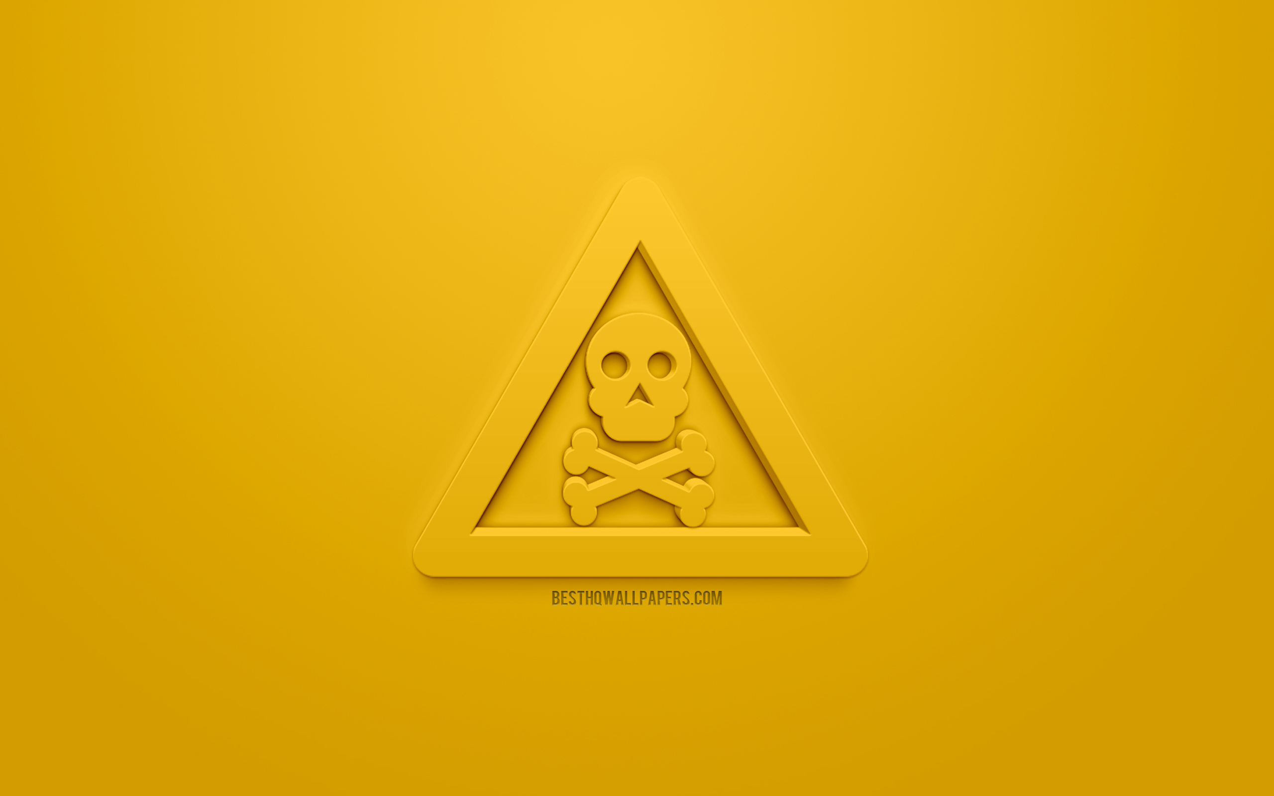 Download wallpaper Toxic Warning 3D icon, yellow background, 3D symbols, Toxic Warning, creative 3D art, 3D icons, Toxic Warning sign, warning signs for desktop with resolution 2560x1600. High Quality HD picture wallpaper