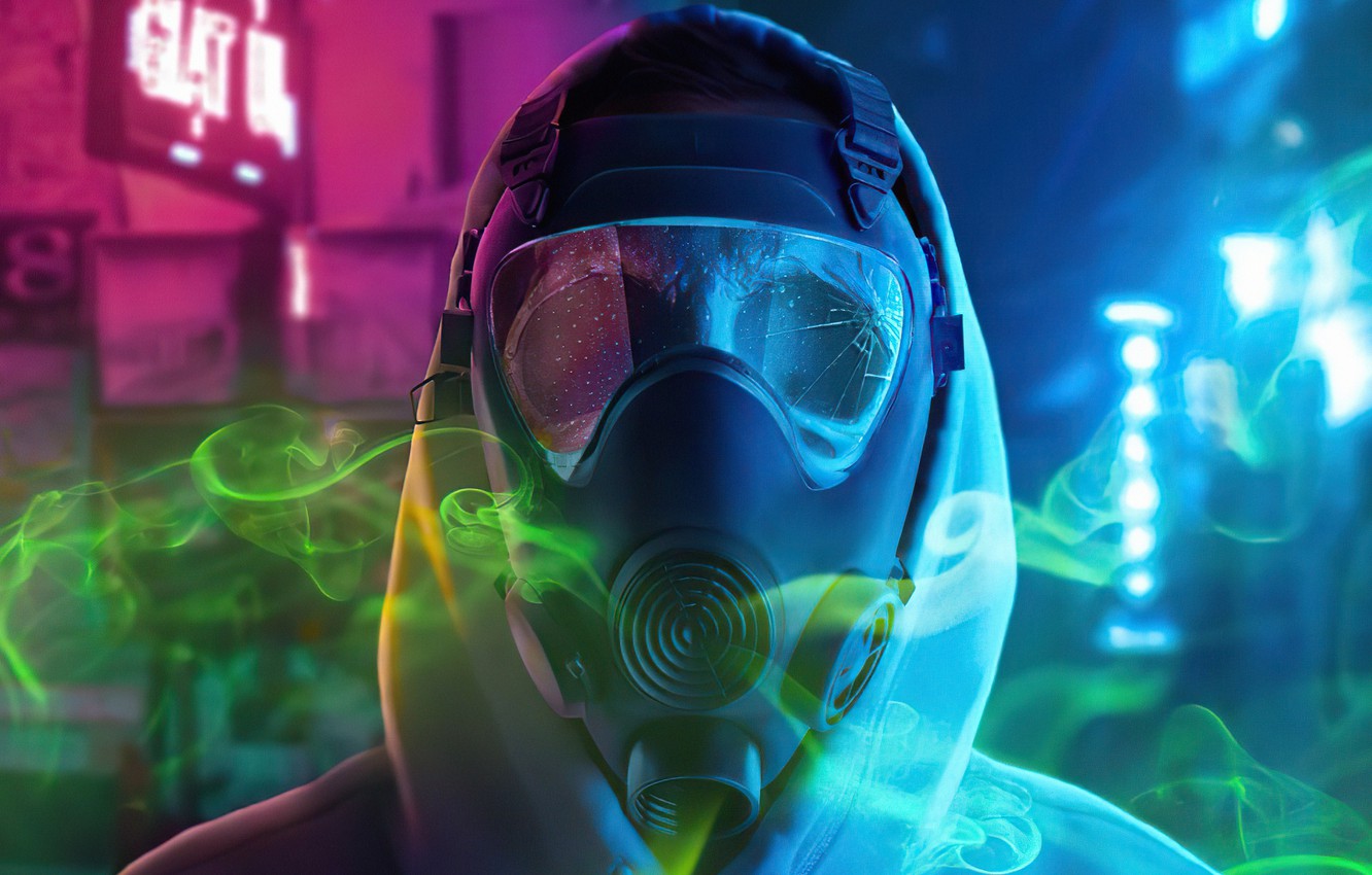 Wallpaper night, city, the city, people, protection, gas mask, night, man, protection, gas mask, toxic fumes, neon signs, fantastic art, фантастический арт, toxic fumes, neon signs image for desktop, section фантастика