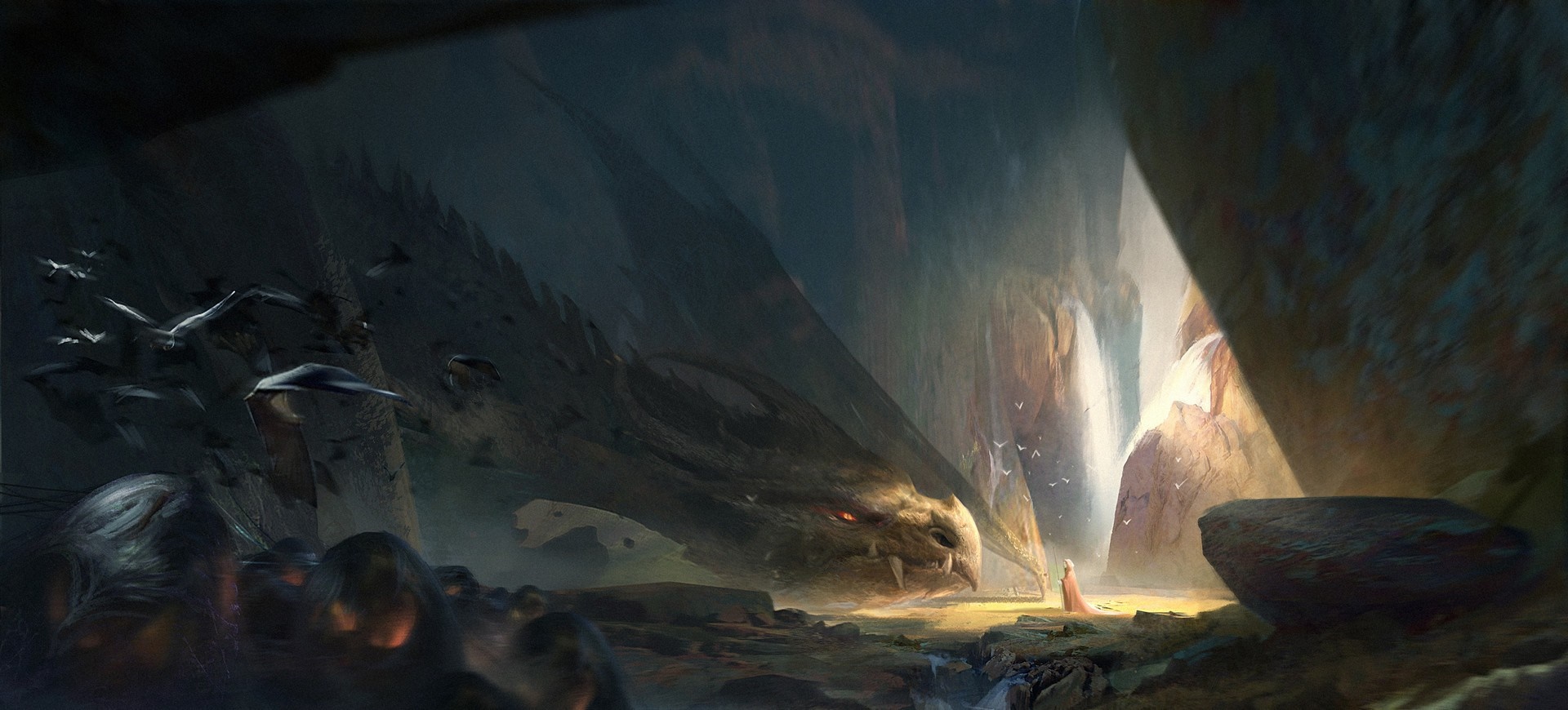 fantasy art, dragon, cave, Formation, darkness, screenshot. Mocah HD Wallpaper