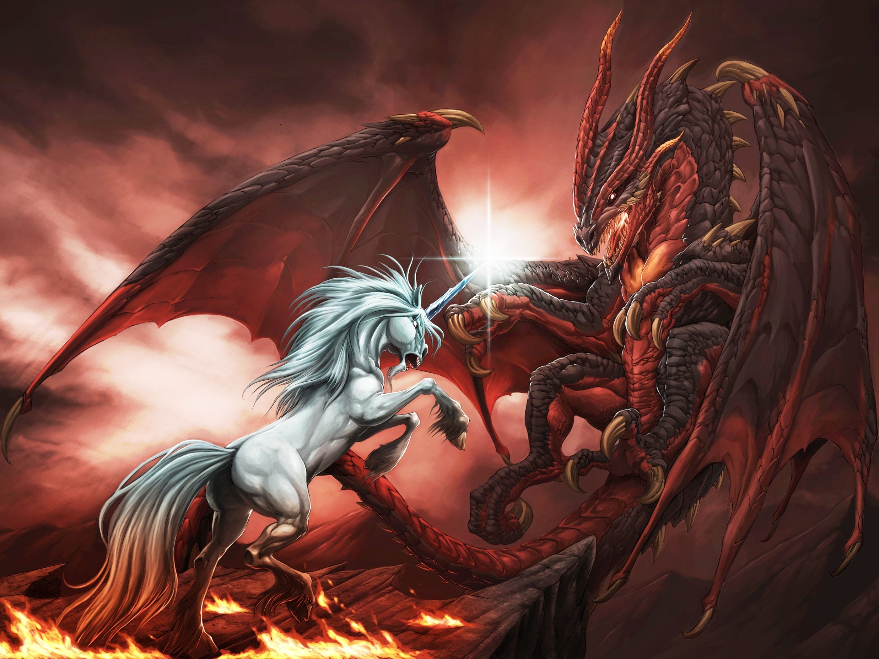 1920x1080 drawings, battle, dragon, Dragon, fire, unicorn, mythology