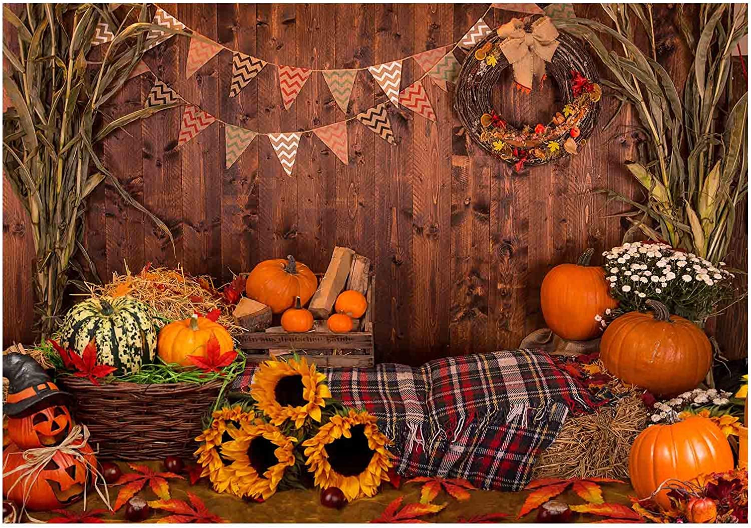 Amazon.com, Funnytree 7x5ft Fall Thanksgiving Photography Backdrop Rustic Wooden Floor Barn Harvest Background Autumn Pumpkins Maple Leaves Sunflower Baby Portrait Party Decoration Photo Studio Booth Props